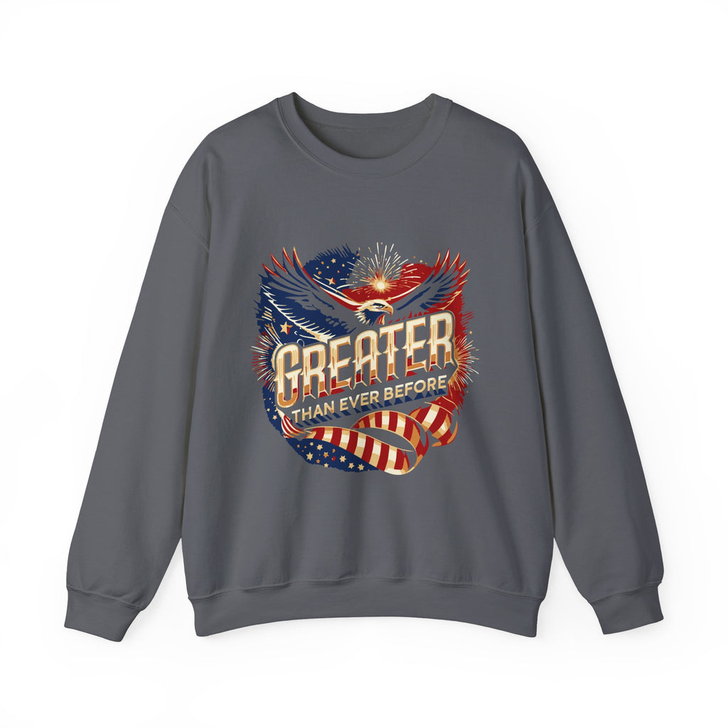 A gray crewneck sweatshirt with a graphic print of an eagle and the text 'GREATER THAN EVER BEFORE' on the front.