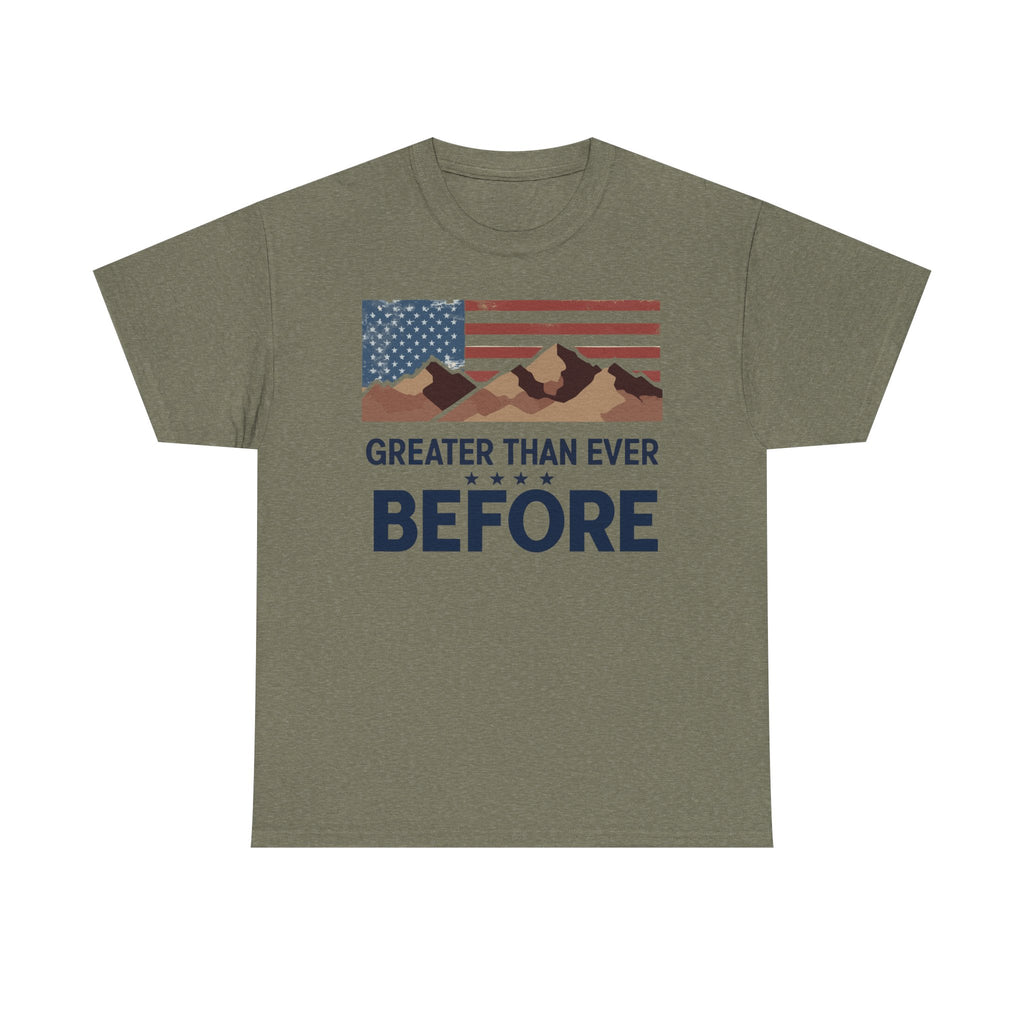 A green crew neck t-shirt with a graphic print of mountains and an American flag, and the text 'GREATER THAN EVER BEFORE'.