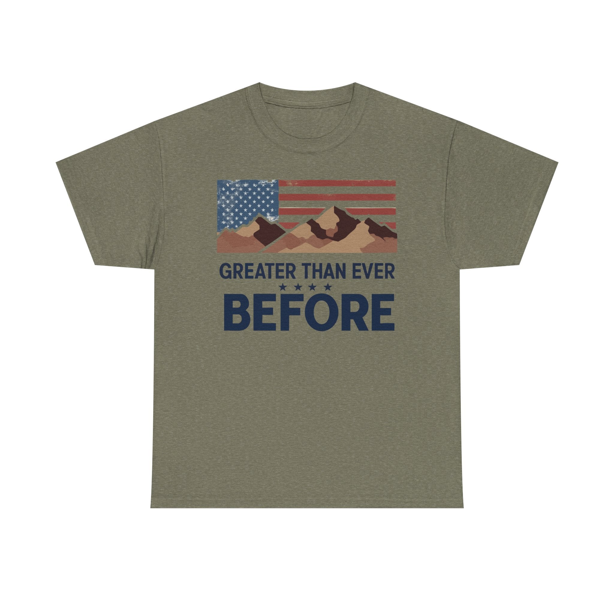 A green crew neck t-shirt with a graphic print of mountains and an American flag, and the text 'GREATER THAN EVER BEFORE'.