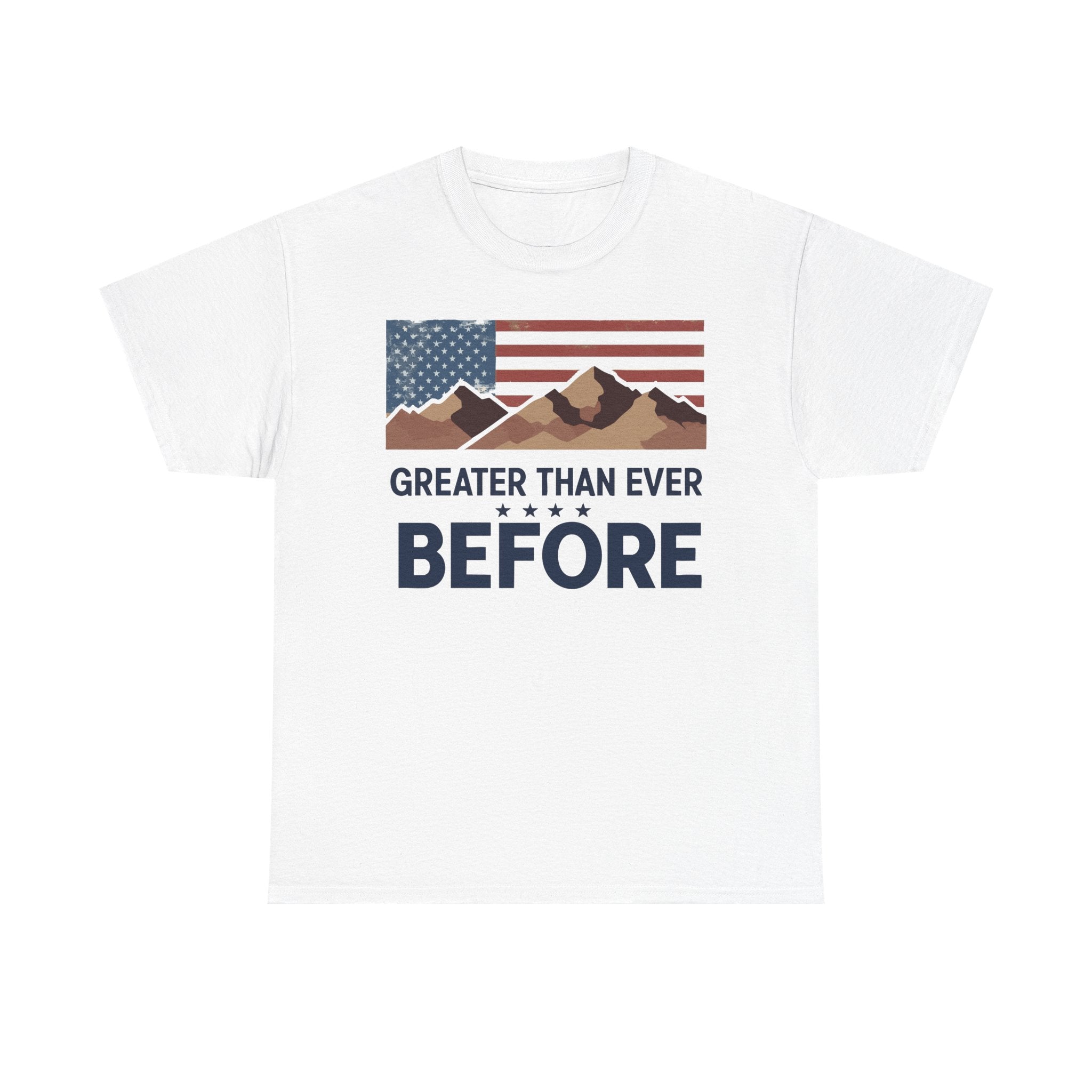 A white crew neck t-shirt with a graphic print of mountains and an American flag, and the text 'GREATER THAN EVER BEFORE'.