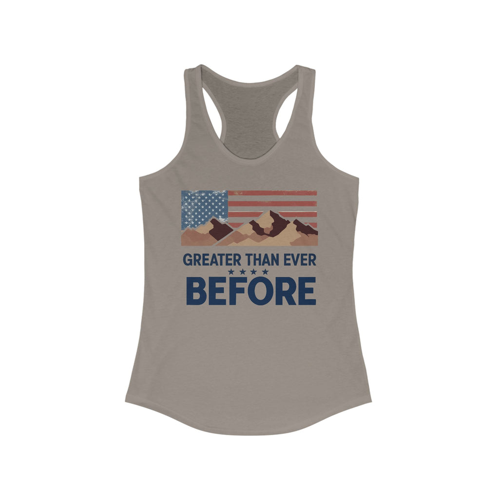 Green racerback tank top with a patriotic design featuring the American flag and mountains, and the text 'GREATER THAN EVER BEFORE' on the front.