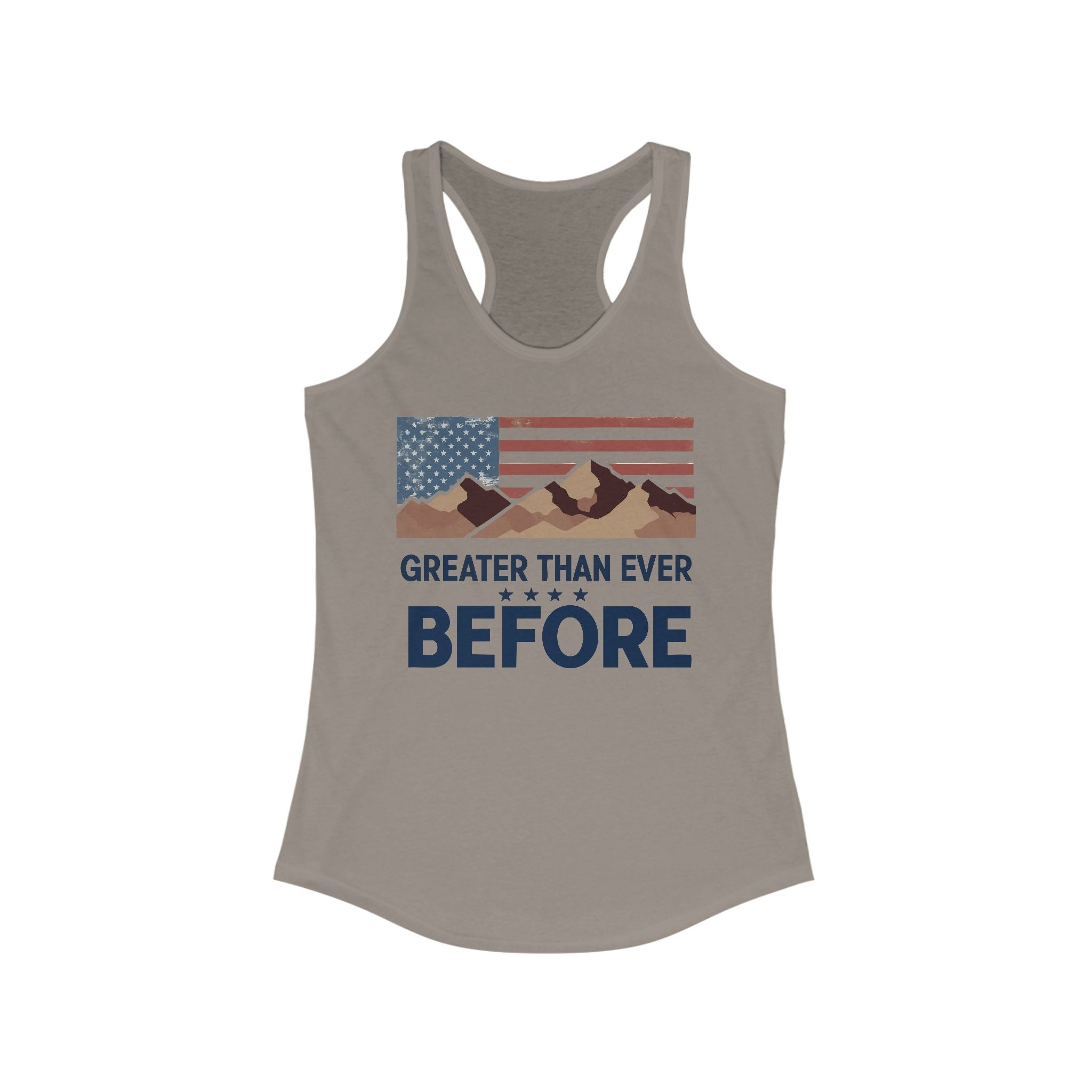 Green racerback tank top with a patriotic design featuring the American flag and mountains, and the text 'GREATER THAN EVER BEFORE' on the front.
