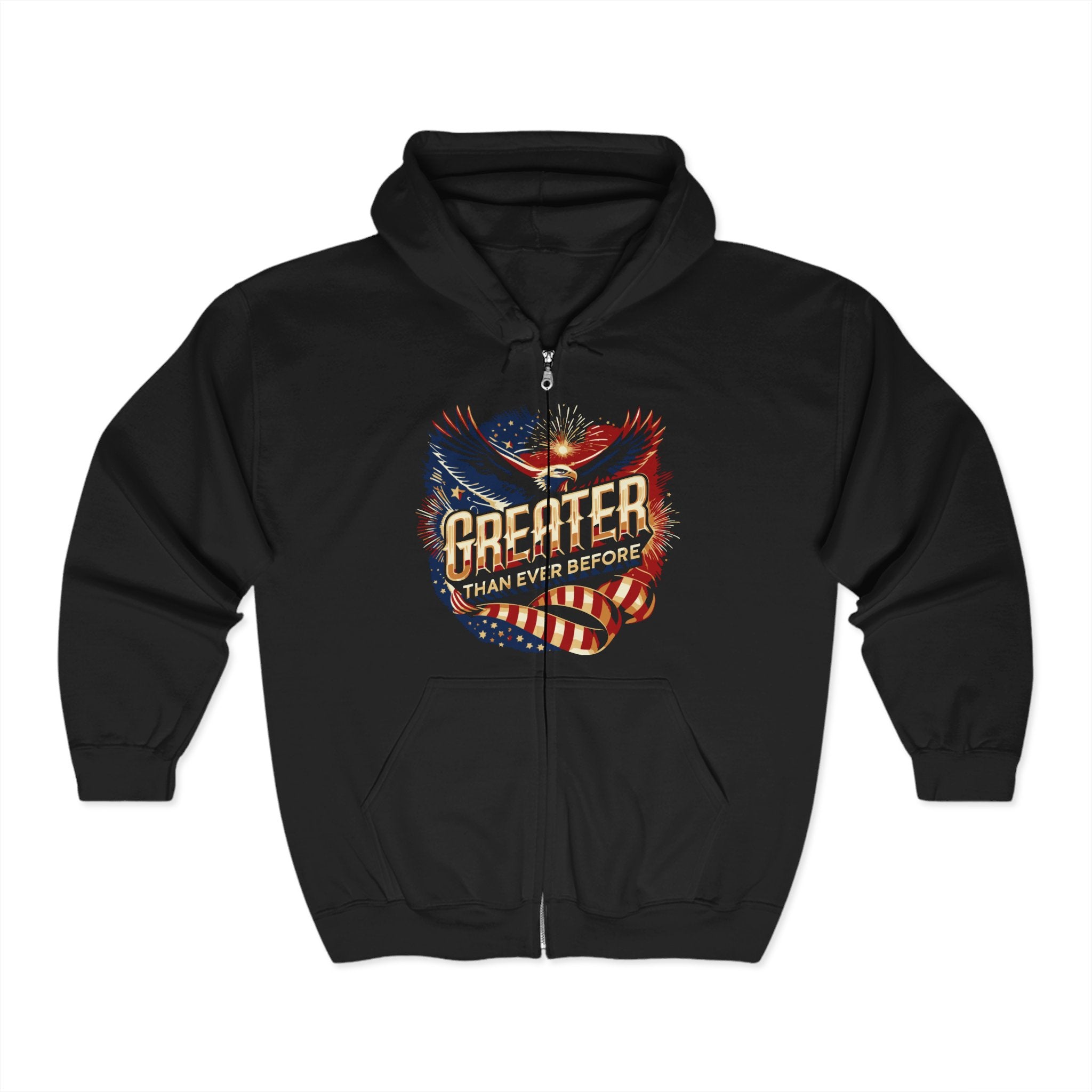 A black full zip hoodie with a patriotic eagle design featuring a colorful graphic of an eagle and text on the front.