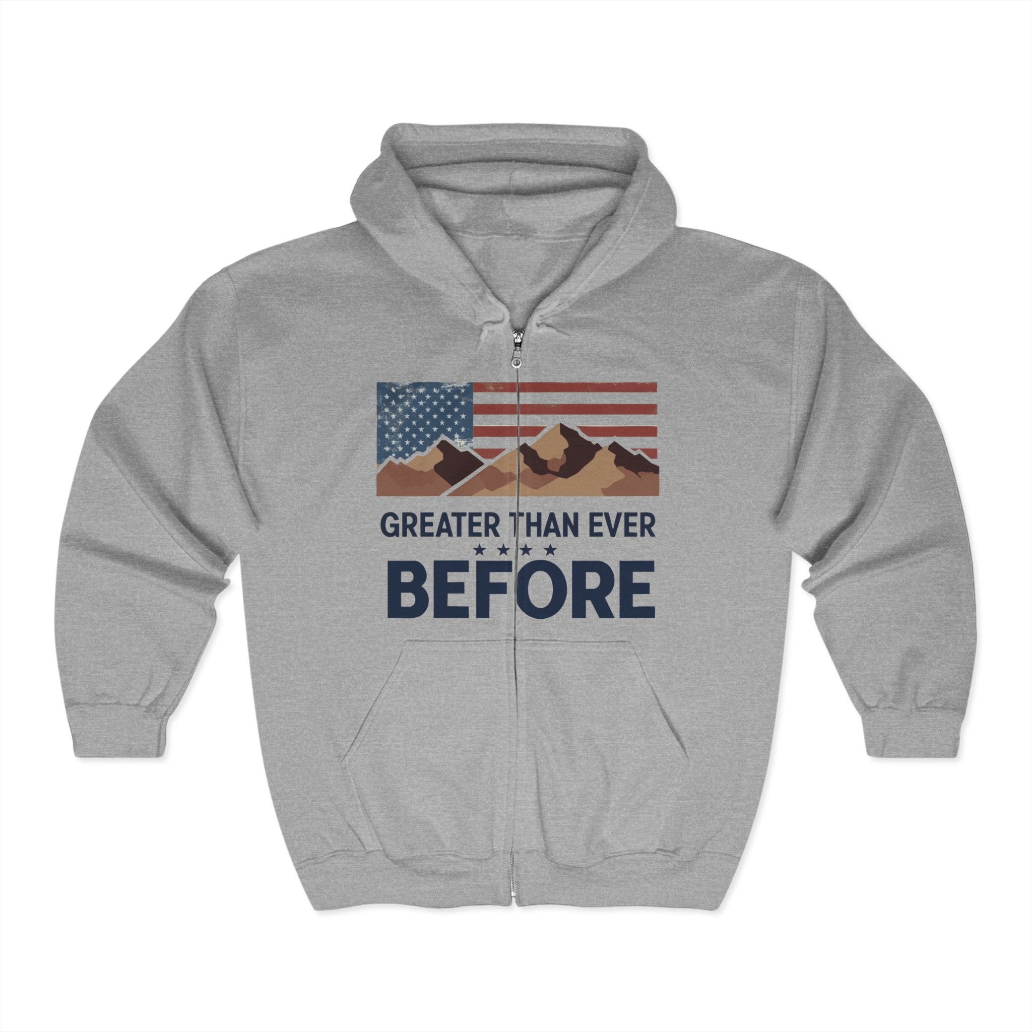 A gray hooded sweatshirt with a graphic print of the American flag and mountain ranges, and the text 'GREATER THAN EVER BEFORE'.