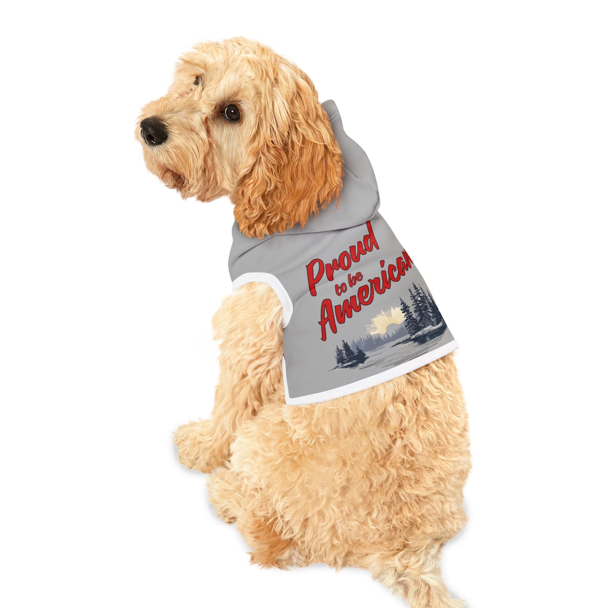 Grey pet hoodie with white trim border and red text "Proud to be American" with grey pine trees, lake and sun image on dog #ProudtobeAmerican #American #MadeinAmerica #MadeinUSA #USA #USApride #America #AmericanBorder #lake #sun #trees #pinetrees #doghoodie #dog #American #MadeinAmerica #MadeinUSA #USA #USApride #America  #americanmade #americanmadeproduct #americanmadeproducts #productsmadeinAmerica #USAmade #productmadeinUSA #productsmadeinUSA
