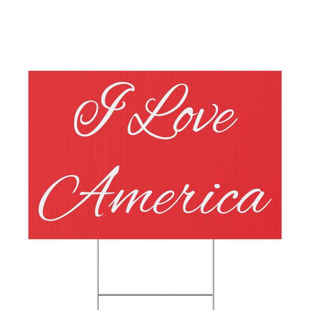 Red sign with 'I Love America' text on a white background