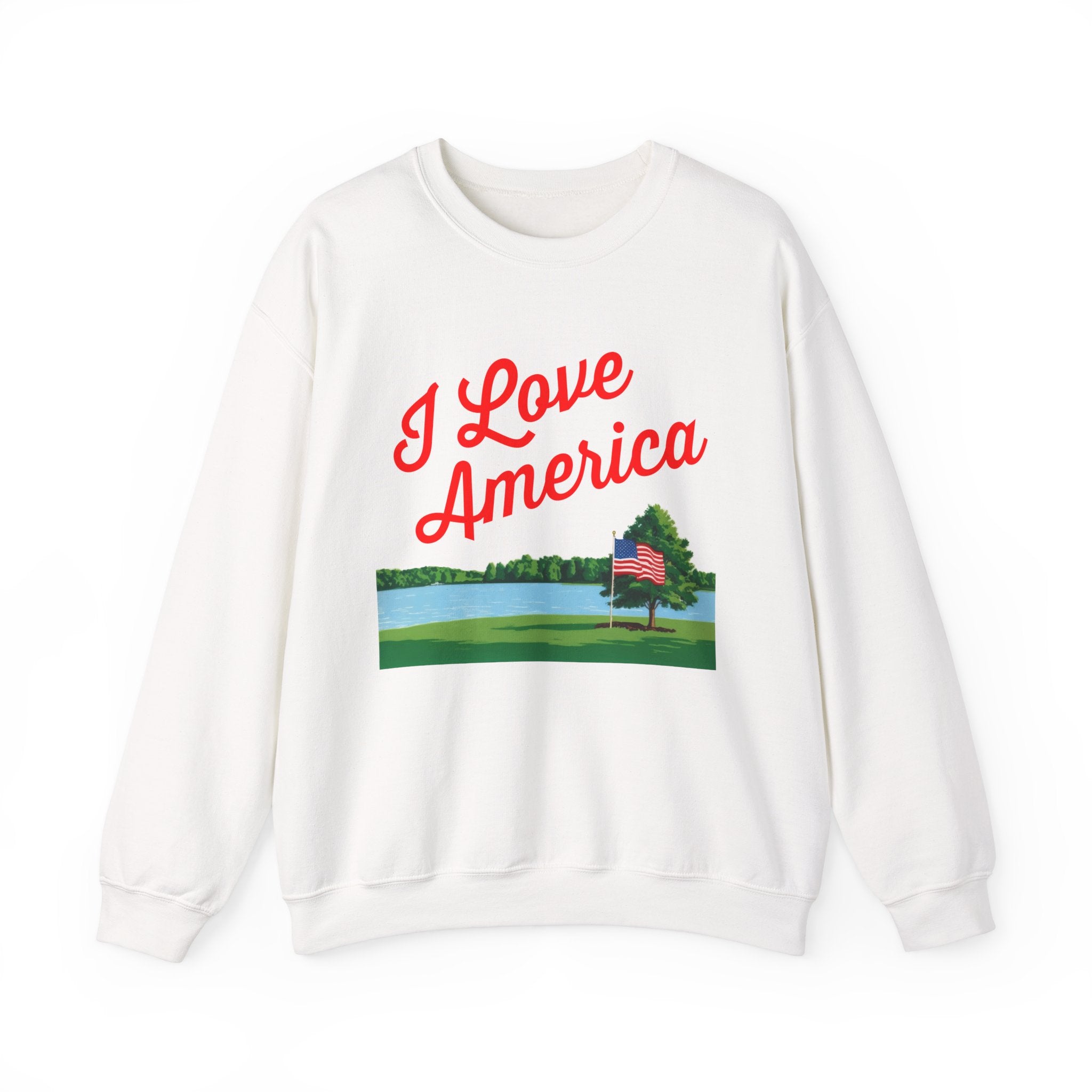 A white crewneck sweatshirt with 'I Love America' text and a graphic representing a patriotic theme.