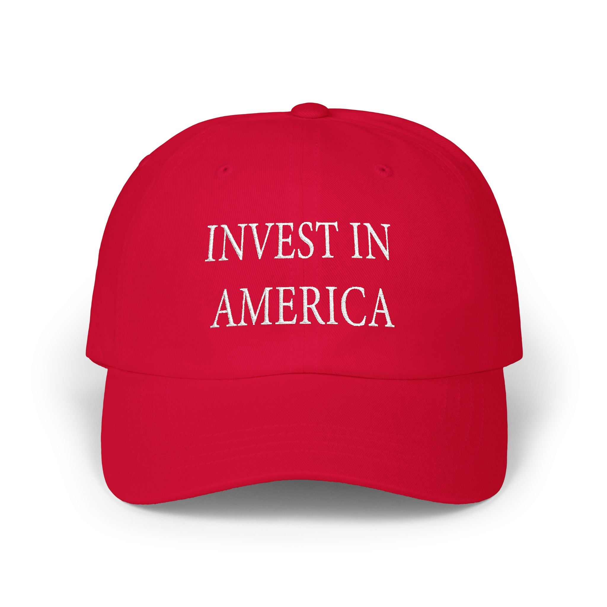 Red cap with 'INVEST IN AMERICA' text on a white background