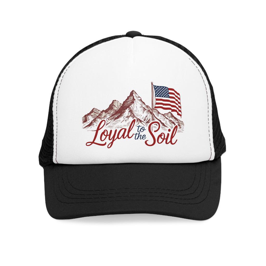 Black and white 5 panel mesh trucker hat/trucker cap with American flag and mountains with red and blue text "LOYAL TO THE SOIL" #American #MadeinAmerica #MadeinUSA #USA #USApride #America  #americanmade #americanmadeproduct #americanmadeproducts #productsmadeinAmerica #USAmade #productmadeinUSA #productsmadeinUSA

