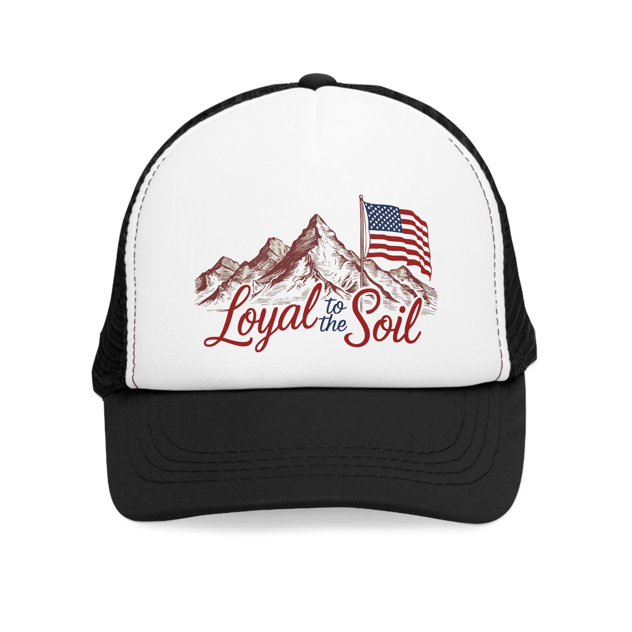 Black and white 5 panel mesh trucker hat/trucker cap with American flag and mountains with red and blue text "LOYAL TO THE SOIL" #American #MadeinAmerica #MadeinUSA #USA #USApride #America  #americanmade #americanmadeproduct #americanmadeproducts #productsmadeinAmerica #USAmade #productmadeinUSA #productsmadeinUSA

