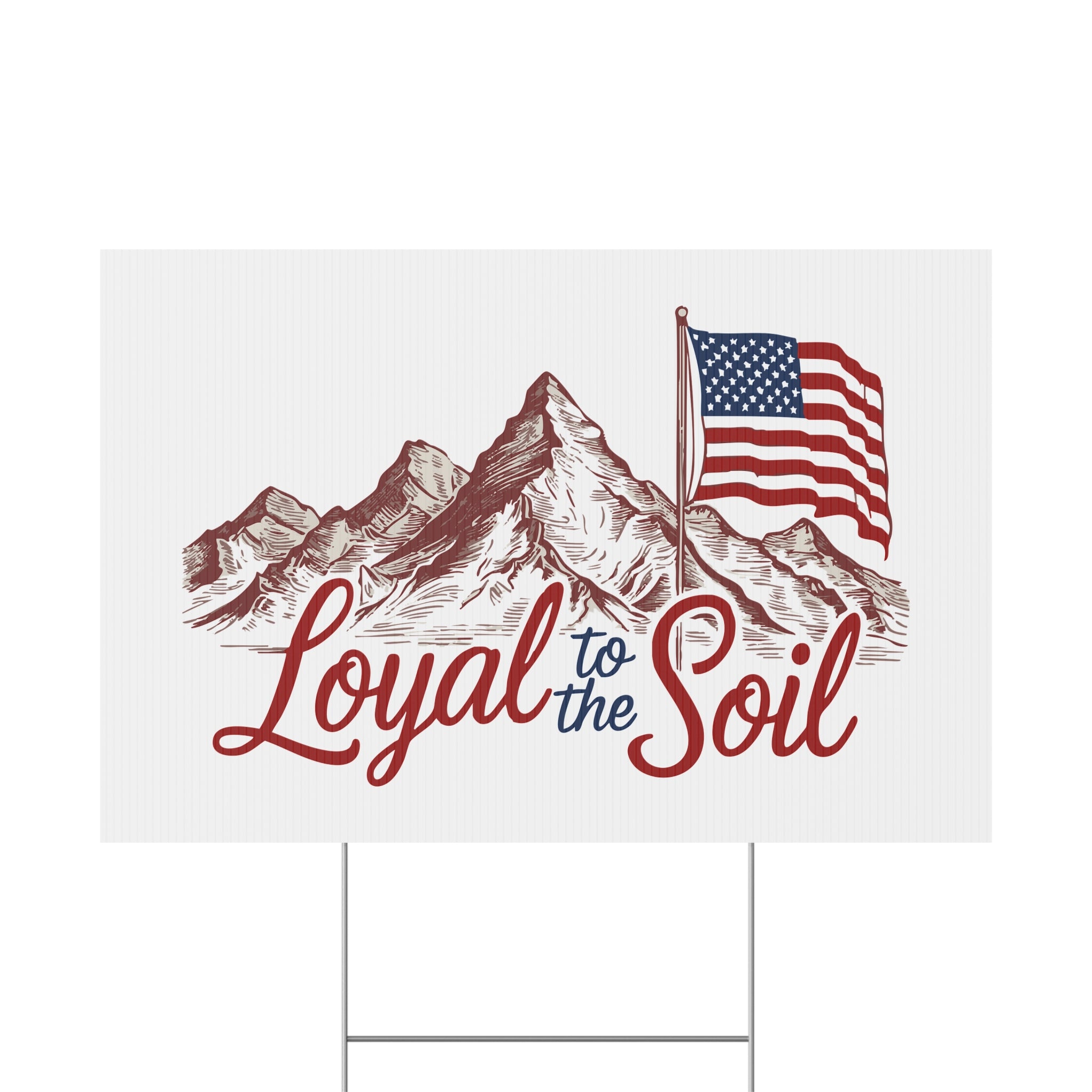Garden flag with mountain design, American flag, and 'Loyal to the Soil' text on a white background.