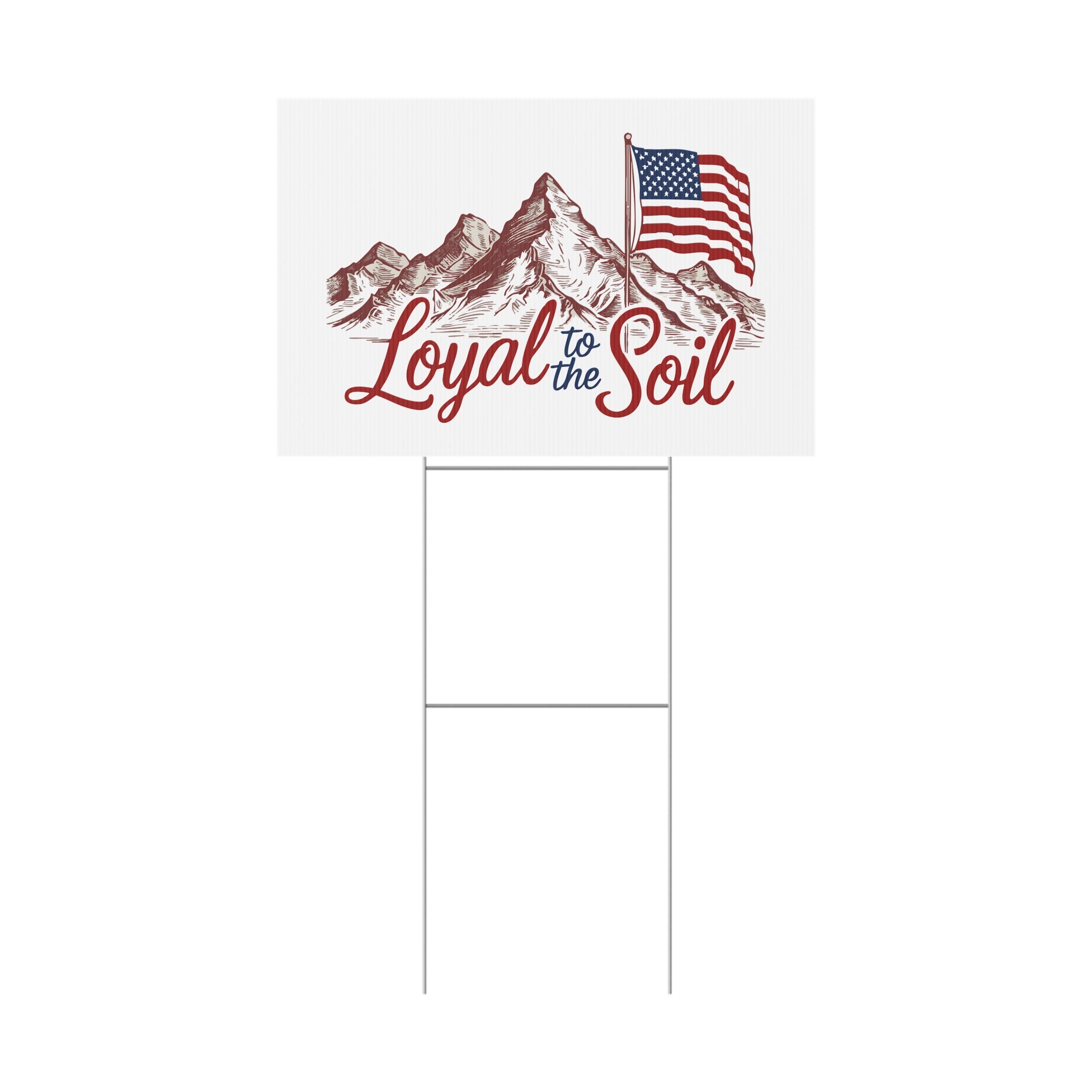 Garden flag with mountain design, American flag, and 'Loyal to the Soil' text on a white background.