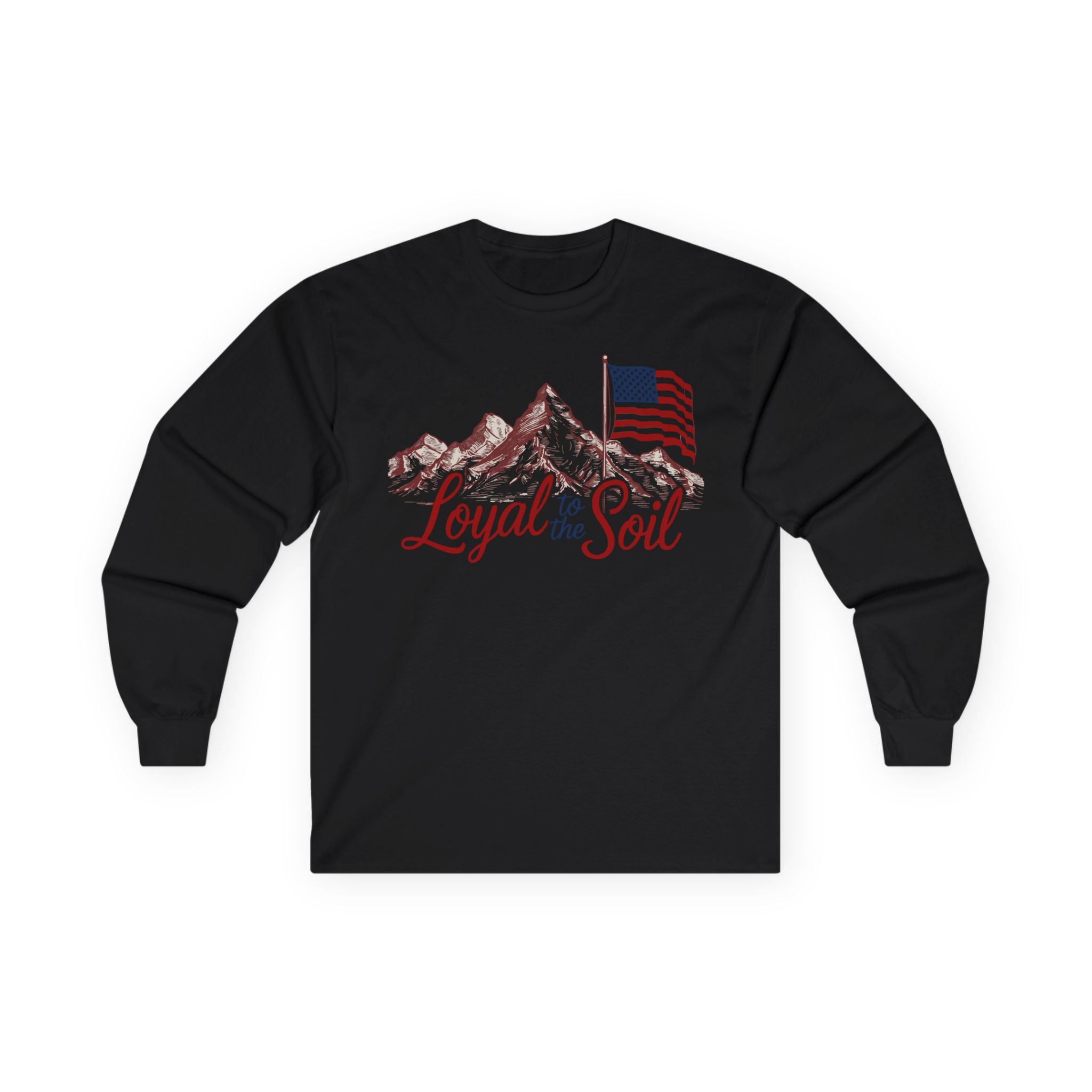 A long sleeve white t-shirt with a graphic print of a mountain range, an American flag, and the text 'Loyal to the Soil'.