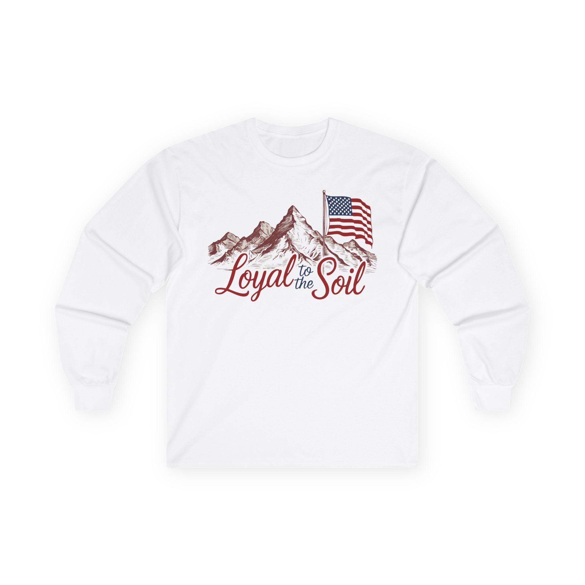 A long sleeve white t-shirt with a graphic print of a mountain range, an American flag, and the text 'Loyal to the Soil'.