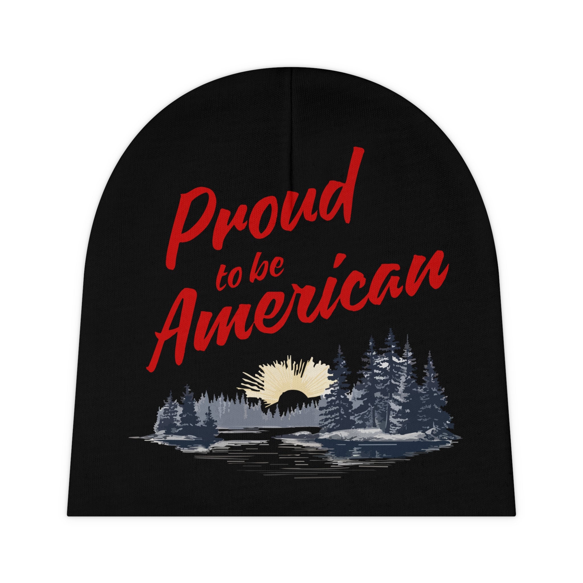 A black baby beanie with a print of a forest landscape and the text 'Proud to be American' in red.