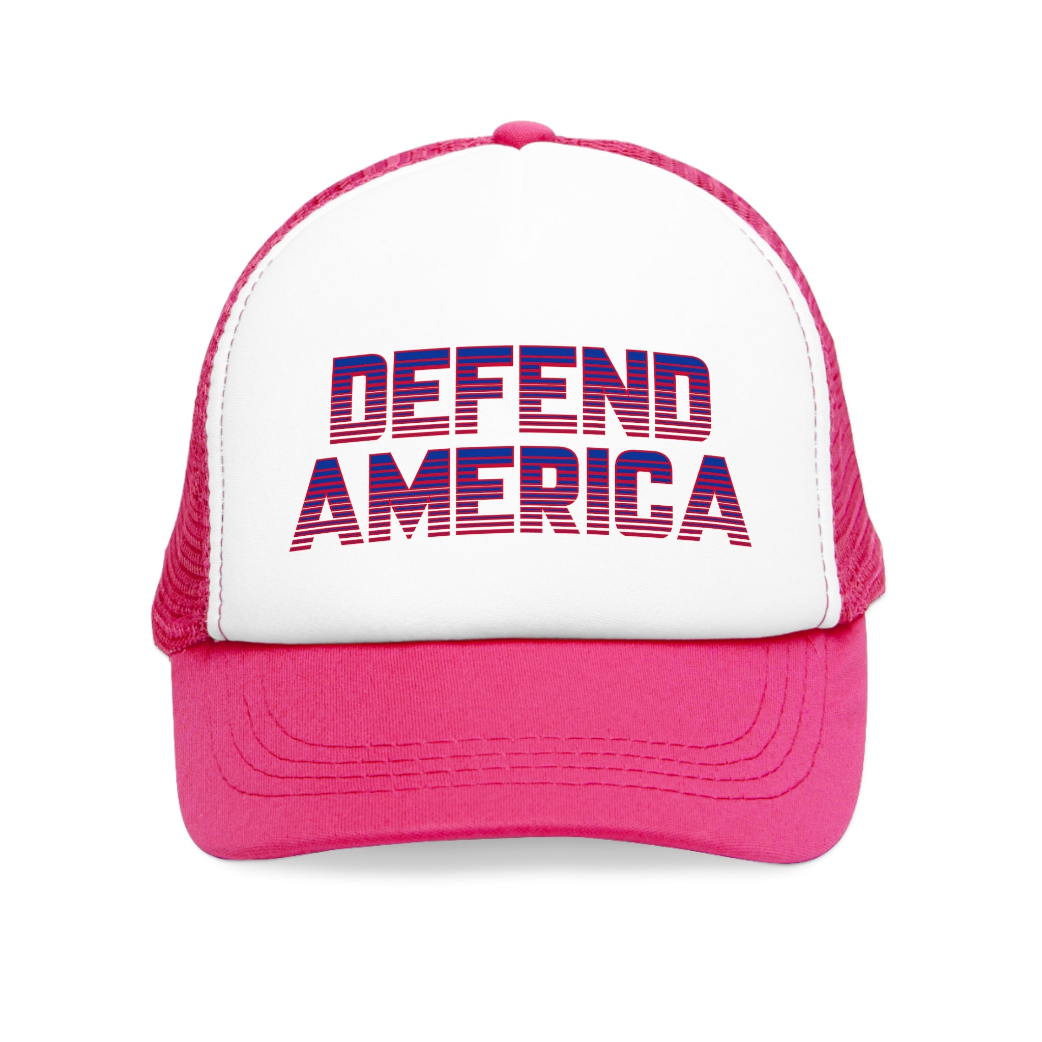 Pink and white 5 panel mesh trucker hat/trucker cap with striped red, white and blue text "DEFEND AMERICA" #American #MadeinAmerica #MadeinUSA #USA #USApride #America  #americanmade #americanmadeproduct #americanmadeproducts #productsmadeinAmerica #USAmade #productmadeinUSA #productsmadeinUSA

