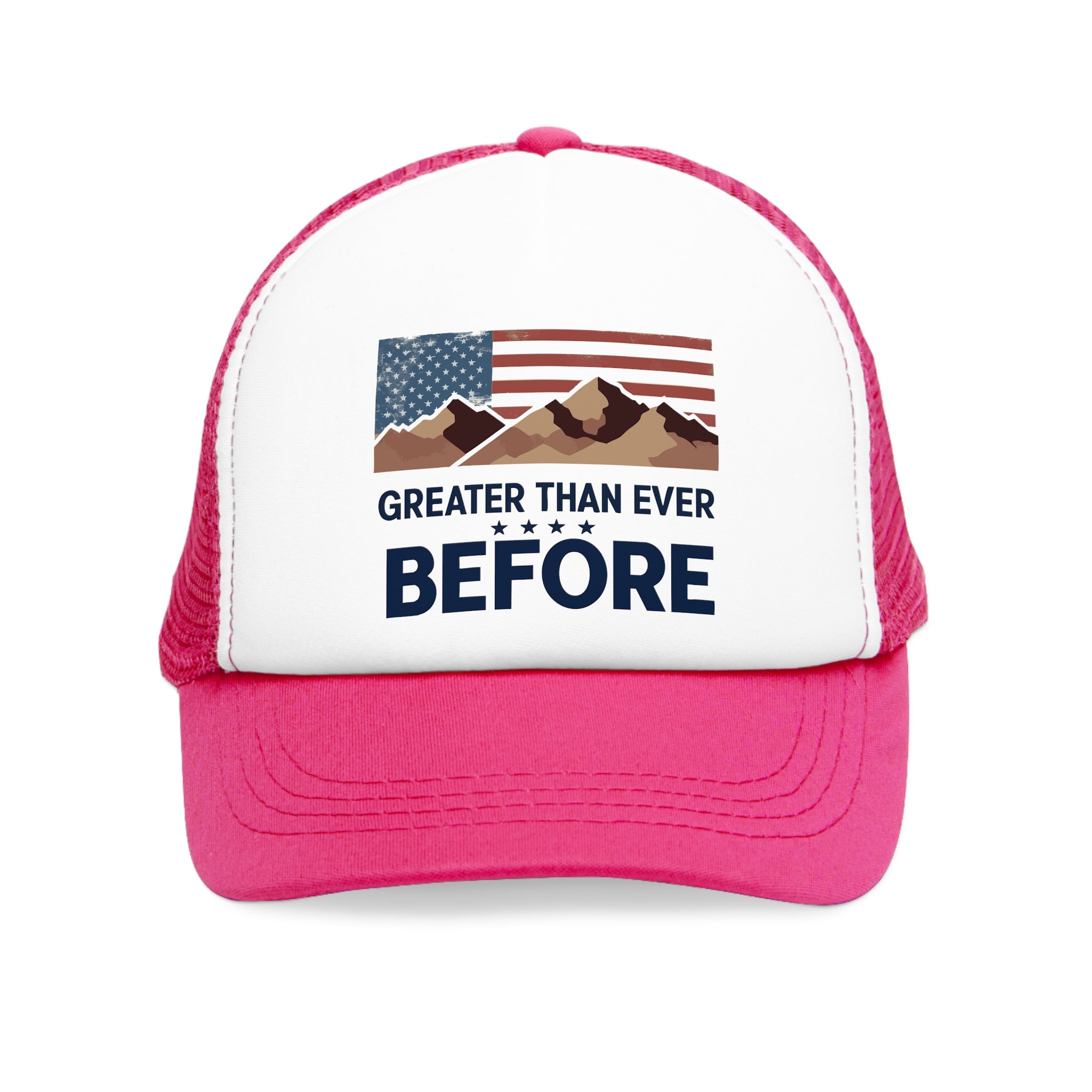 Pink and white 5 panel mesh trucker hat/trucker cap with text "GREATER THAN EVER BEFORE" and image with American flag, stripes and stars and brown mountains #Americanflag #Mountains #starsandstripes #stars #stripes #American #MadeinAmerica #MadeinUSA #USA #USApride #America  #americanmade #americanmadeproduct #americanmadeproducts #productsmadeinAmerica #USAmade #productmadeinUSA #productsmadeinUSA

