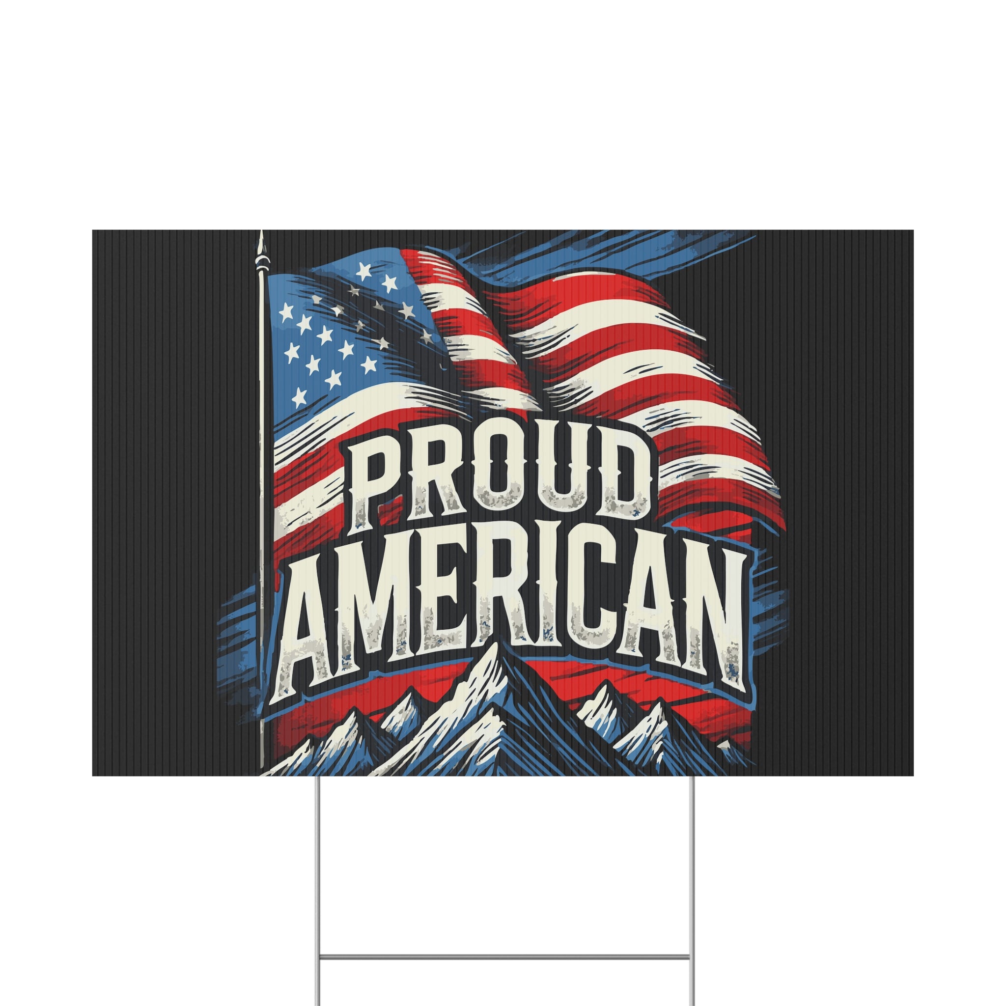 Garden flag with American flag design and 'Proud American' text on a black background