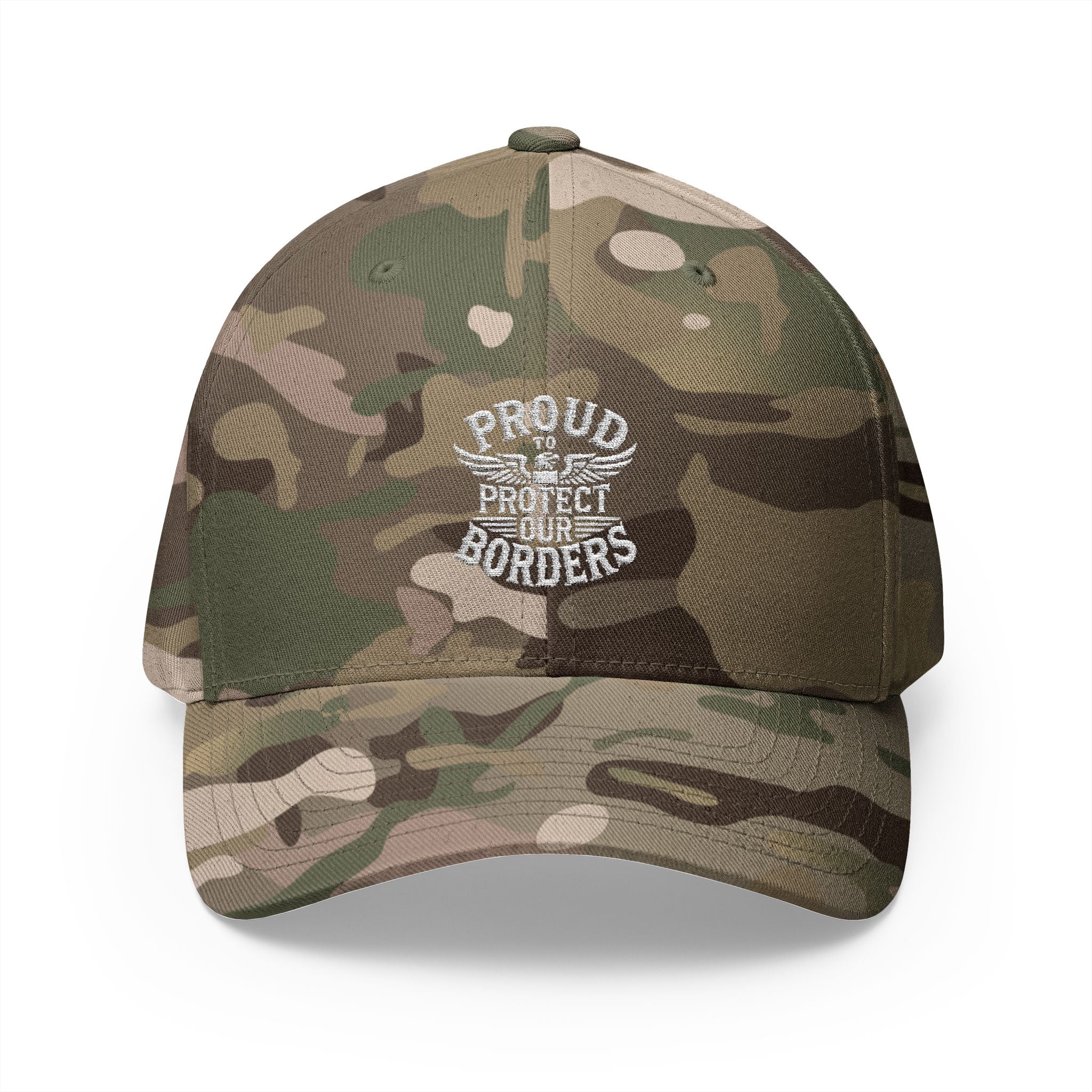 Camouflage cap with text and logo on a white background