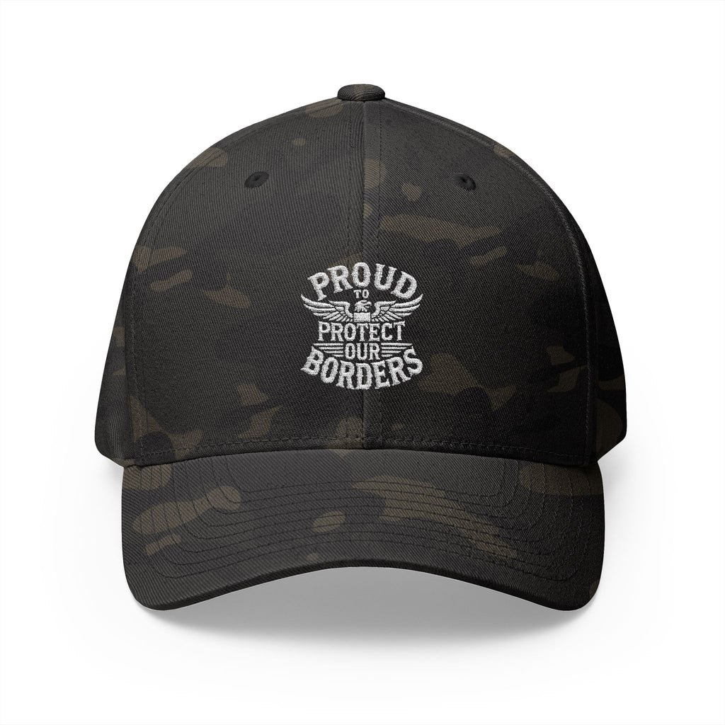 Black camouflage cap with 'Proud to Protect Our Borders' text on a white background