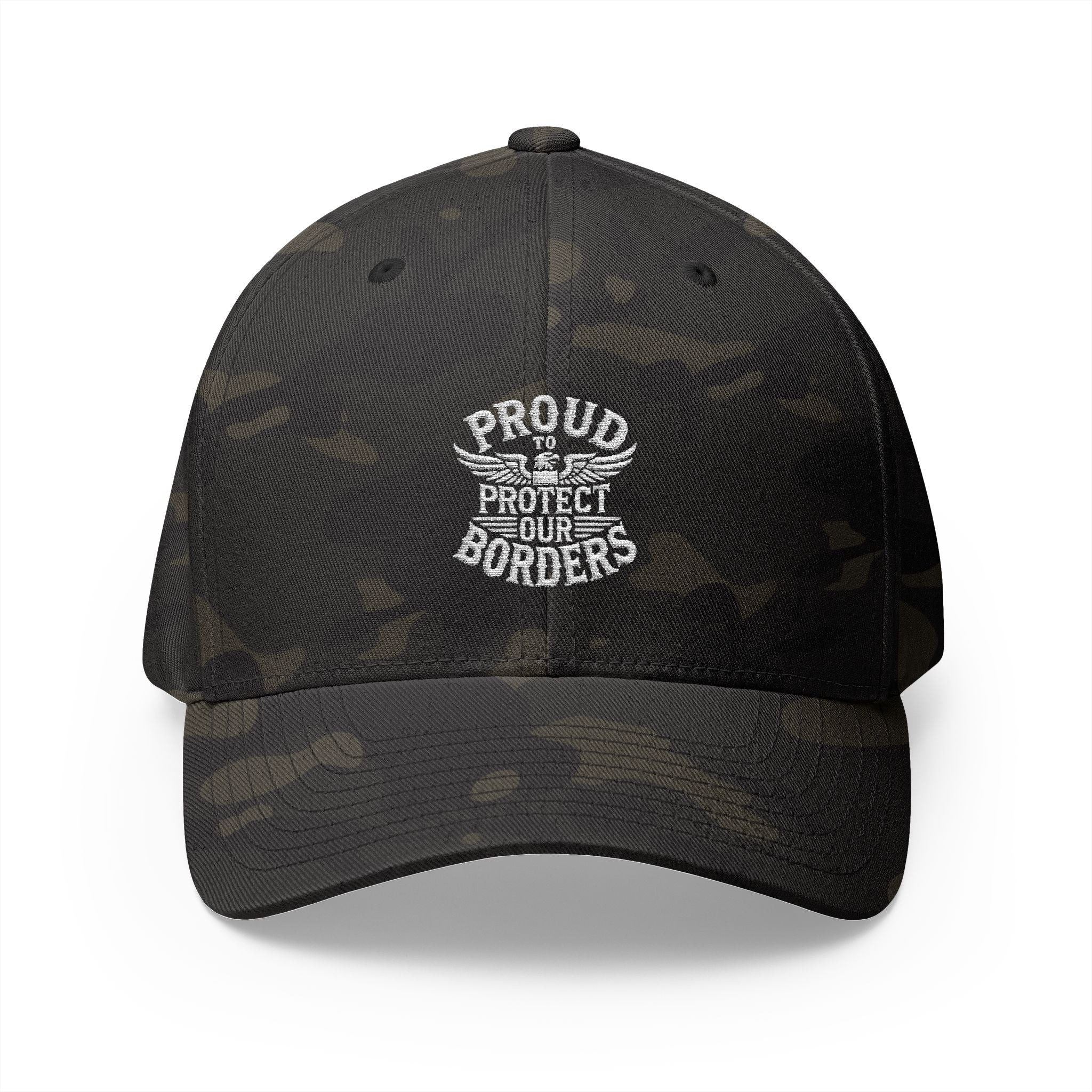 Black camouflage cap with 'Proud to Protect Our Borders' text on a white background