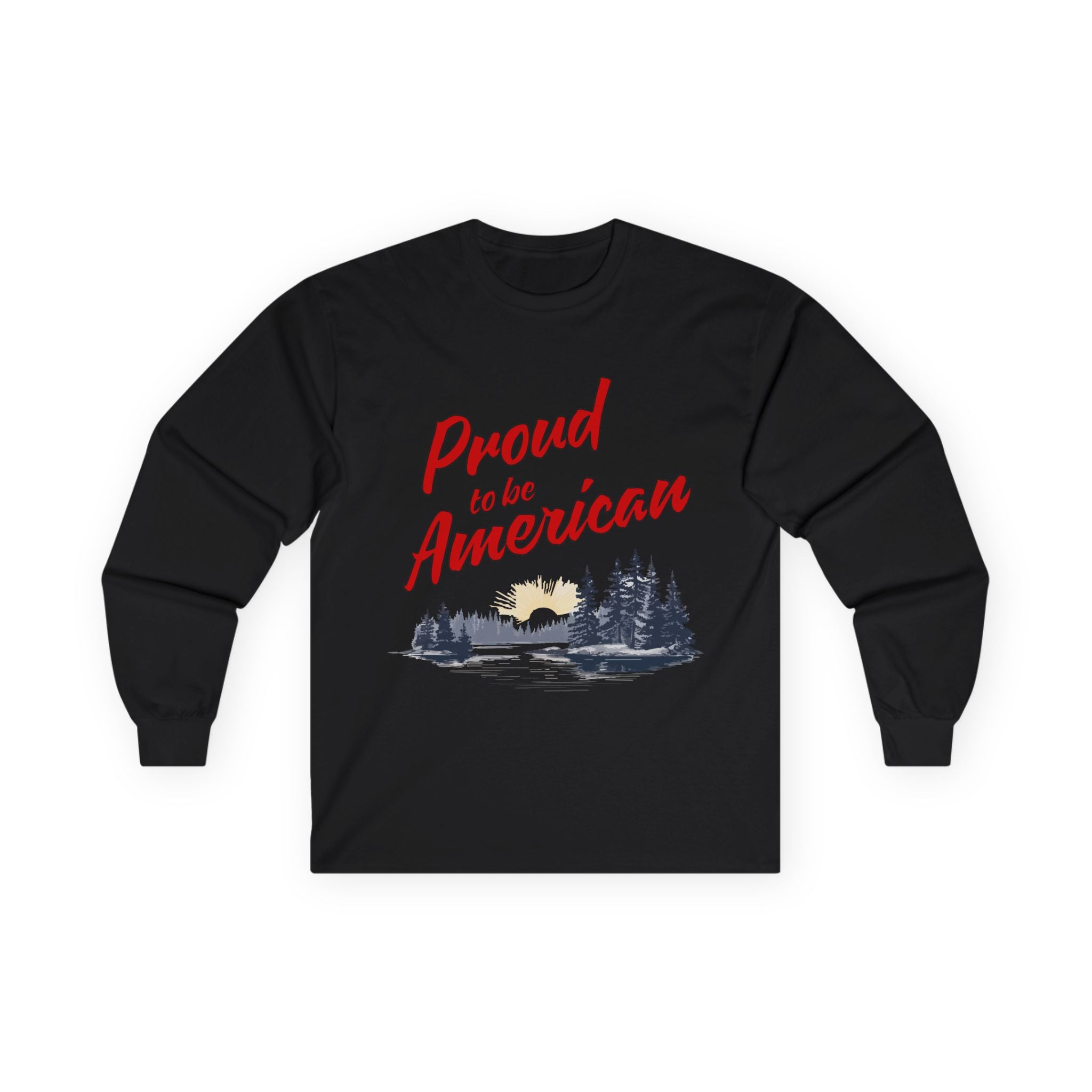 A black long sleeve tee with the text 'Proud to be American' printed on the front, featuring a vintage style. (FOR AMERICANS SHOP) 