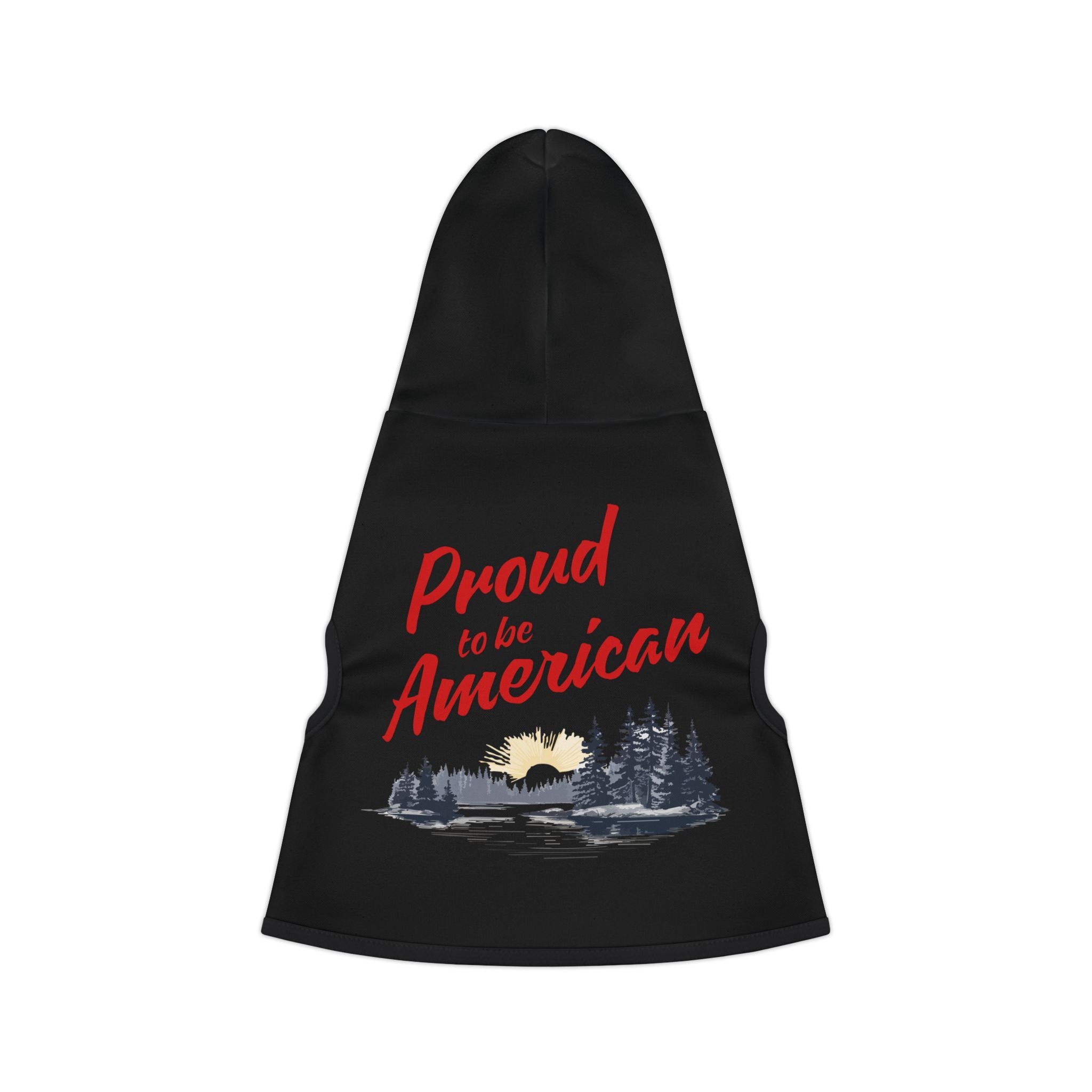 Black pet hoodie with black trim border and red text "Proud to be American" with grey pine trees, lake and sun image
#ProudtobeAmerican #American #MadeinAmerica #MadeinUSA #USA #USApride #America #AmericanBorder #lake #sun #trees #pinetrees #doghoodie #dog #American #MadeinAmerica #MadeinUSA #USA #USApride #America  #americanmade #americanmadeproduct #americanmadeproducts #productsmadeinAmerica #USAmade #productmadeinUSA #productsmadeinUSA
