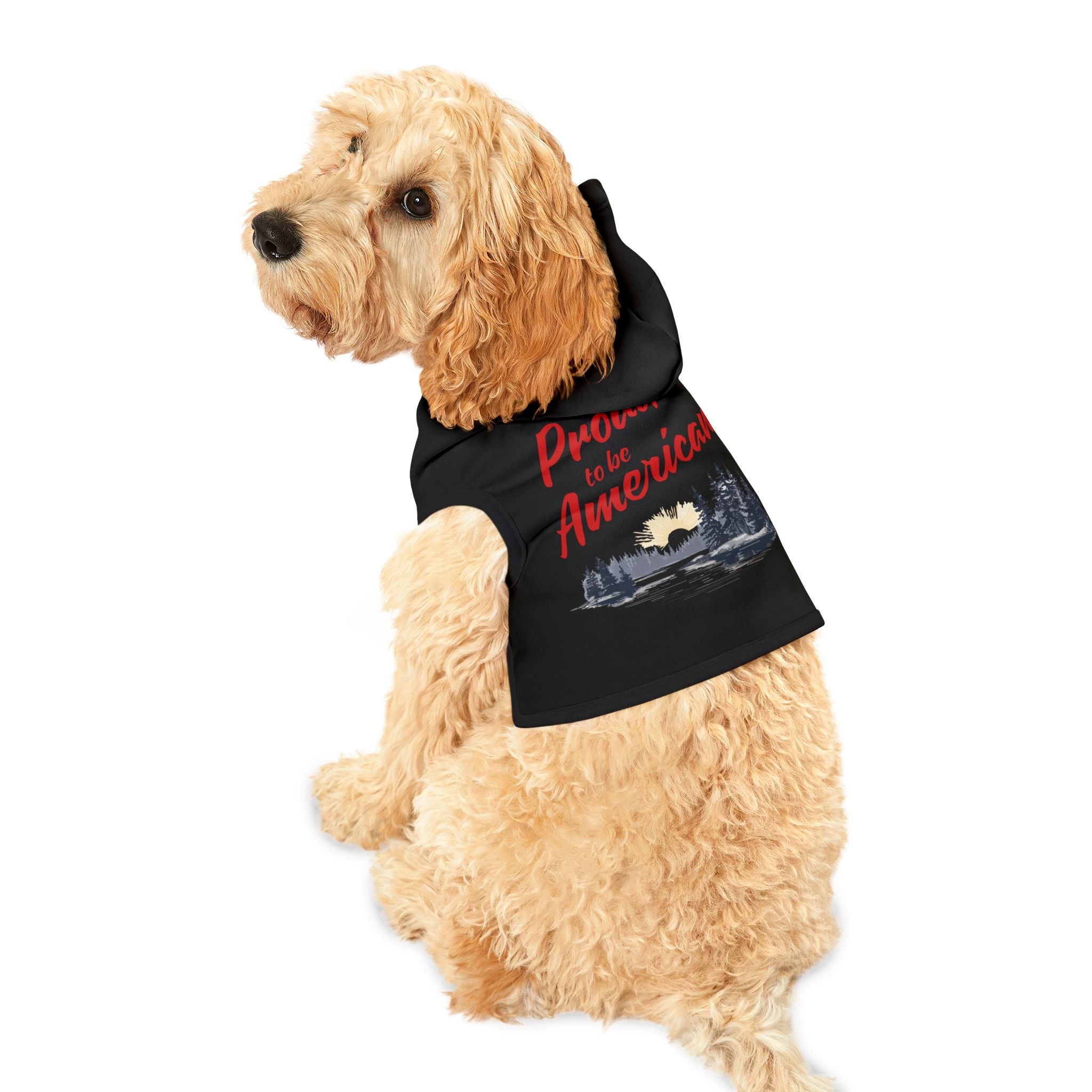 Black pet hoodie with black trim border and red text "Proud to be American" with grey pine trees, lake and sun image
#ProudtobeAmerican #American #MadeinAmerica #MadeinUSA #USA #USApride #America #AmericanBorder #lake #sun #trees #pinetrees #doghoodie #dog #American #MadeinAmerica #MadeinUSA #USA #USApride #America  #americanmade #americanmadeproduct #americanmadeproducts #productsmadeinAmerica #USAmade #productmadeinUSA #productsmadeinUSA
