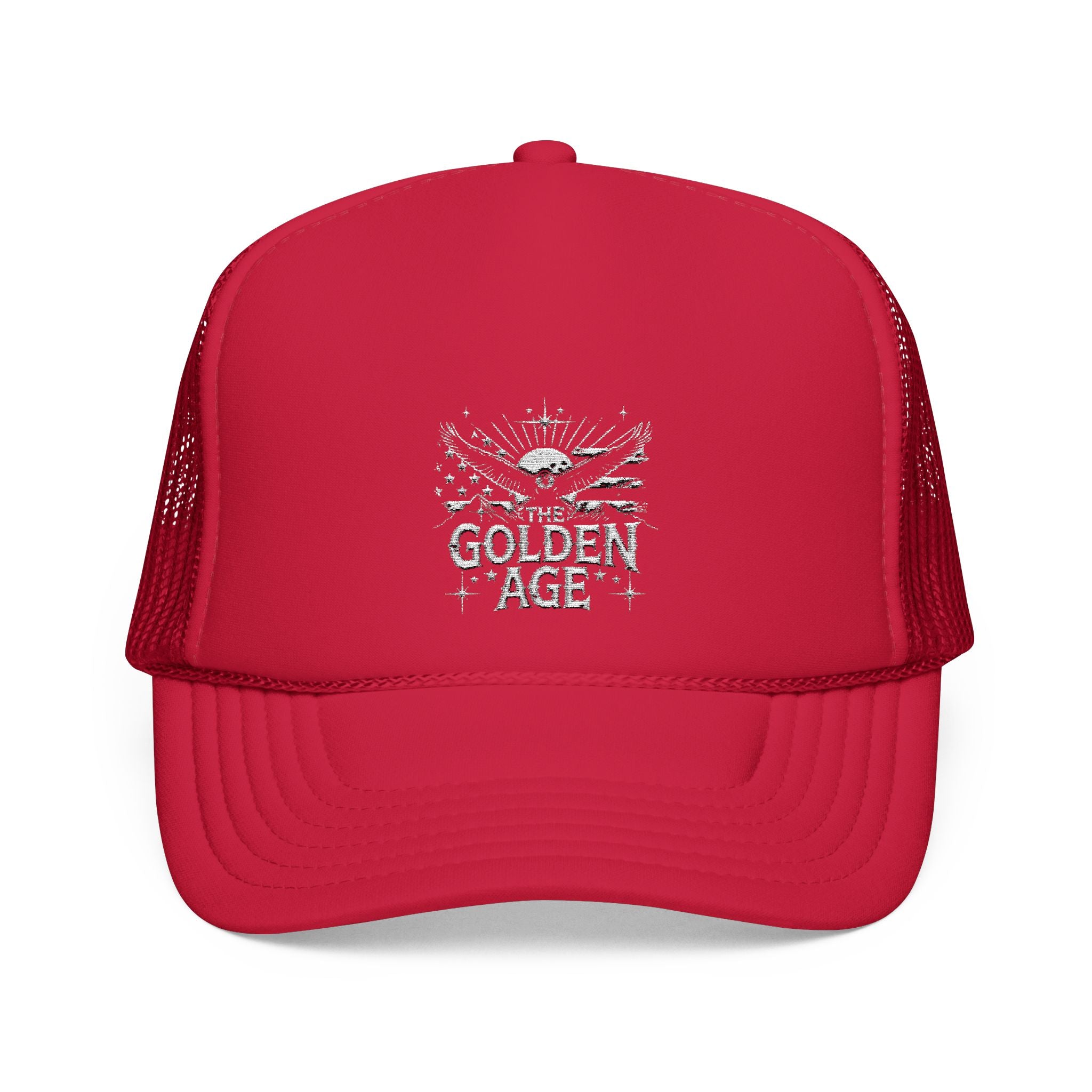 Red 5 panel foam trucket hat with embroidered text design "THE GOLDEN AGE" With bald eagle and stripe design #American #MadeinAmerica #MadeinUSA #USA #USApride #America  #americanmade #americanmadeproduct #americanmadeproducts #productsmadeinAmerica #USAmade #productmadeinUSA #productsmadeinUSA

