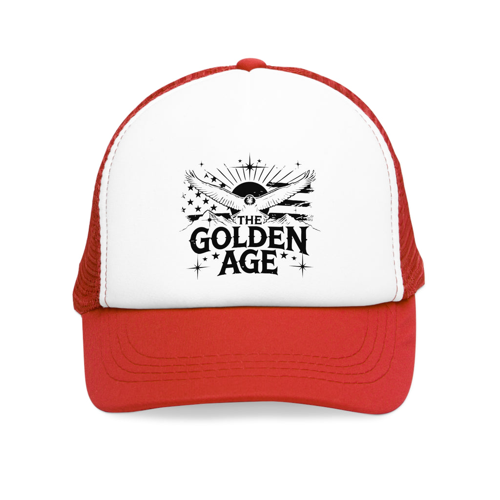 Red and white 5 panel mesh trucker hat/trucker cap with text "THE GOLDEN AGE" With bald eagle and stripe design #American #MadeinAmerica #MadeinUSA #USA #USApride #America  #americanmade #americanmadeproduct #americanmadeproducts #productsmadeinAmerica #USAmade #productmadeinUSA #productsmadeinUSA