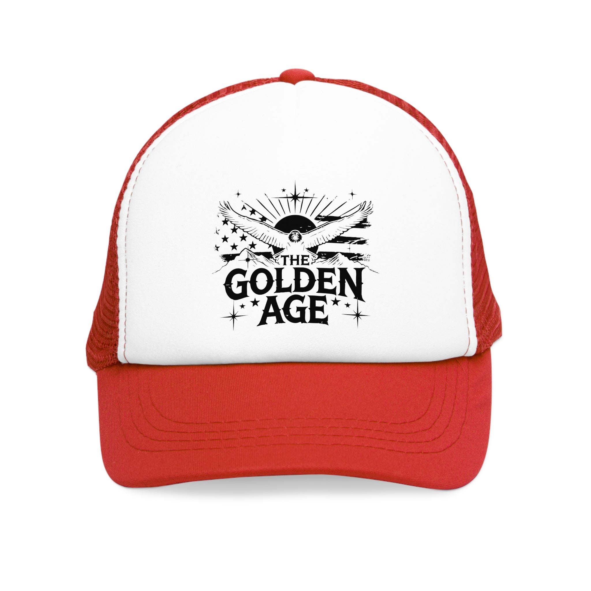 Red and white 5 panel mesh trucker hat/trucker cap with text "THE GOLDEN AGE" With bald eagle and stripe design #American #MadeinAmerica #MadeinUSA #USA #USApride #America  #americanmade #americanmadeproduct #americanmadeproducts #productsmadeinAmerica #USAmade #productmadeinUSA #productsmadeinUSA