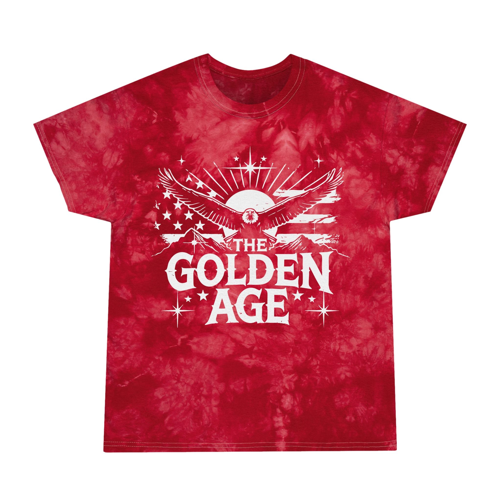 A red tie-dye t-shirt with a graphic print of an eagle and the text 'THE GOLDEN AGE' on the front.