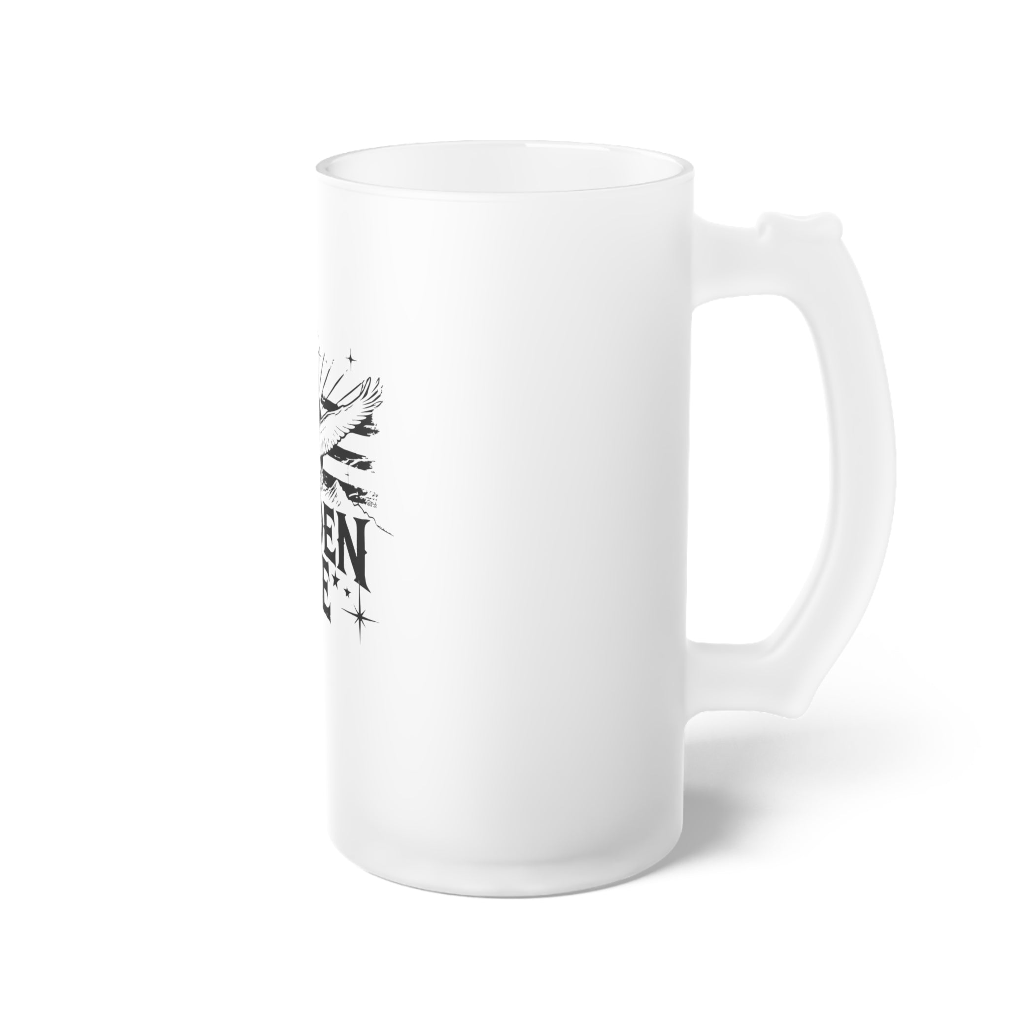 White mug with black text and design on a white background