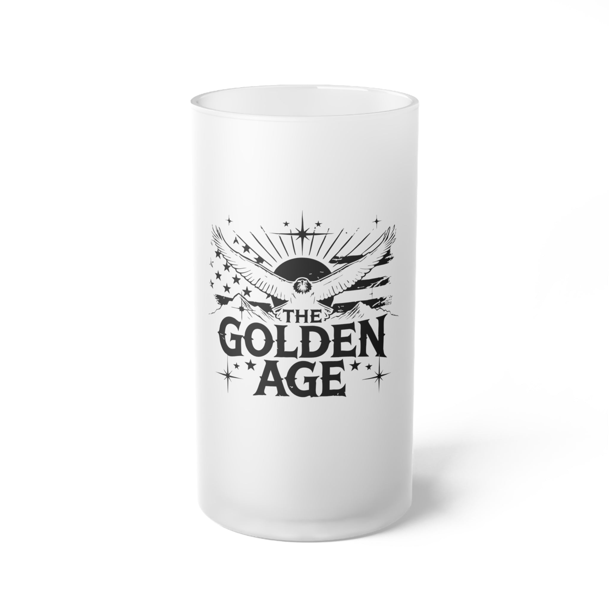 A frosted glass beer mug with 'THE GOLDEN AGE' printed in a decorative font, featuring a sun and rays design.