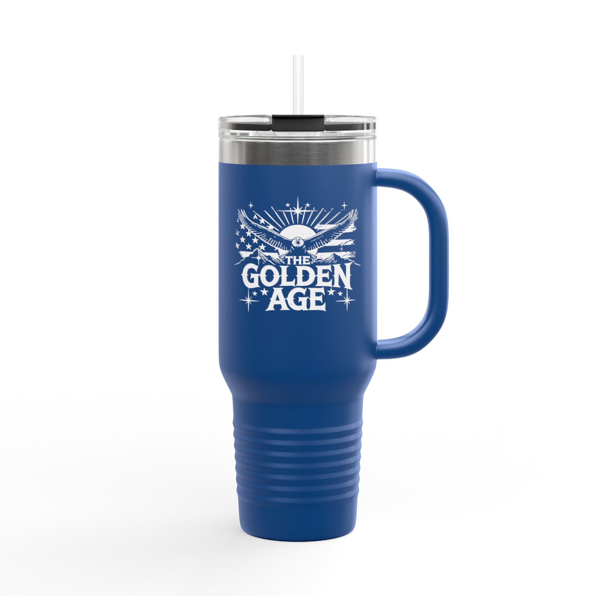BLUE 40OZ TRAVEL MUG “THE GOLDEN AGE” TEXT 