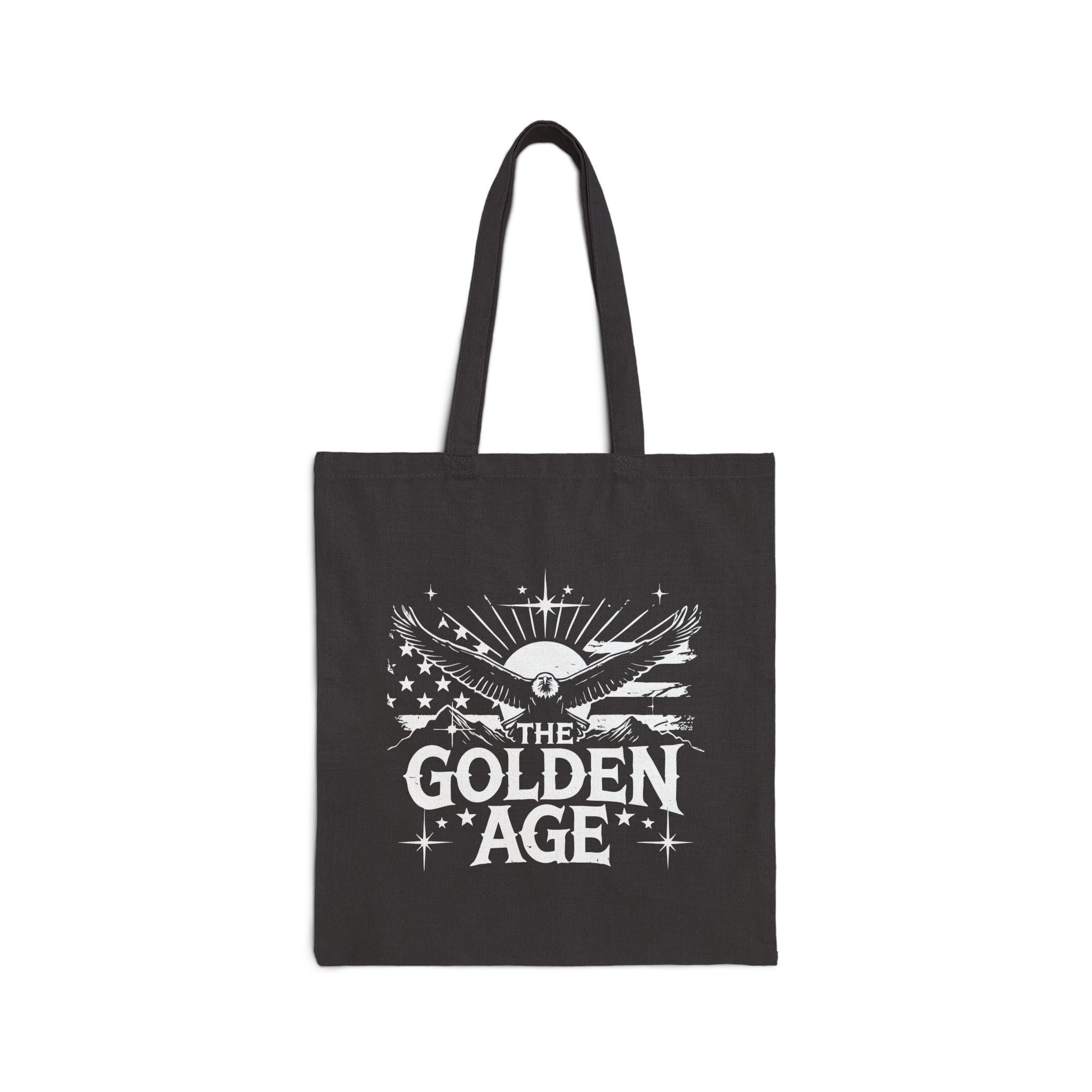 A black cotton canvas tote bag with 'THE GOLDEN AGE' printed in white text on the front. (FOR AMERICANS SHOP)