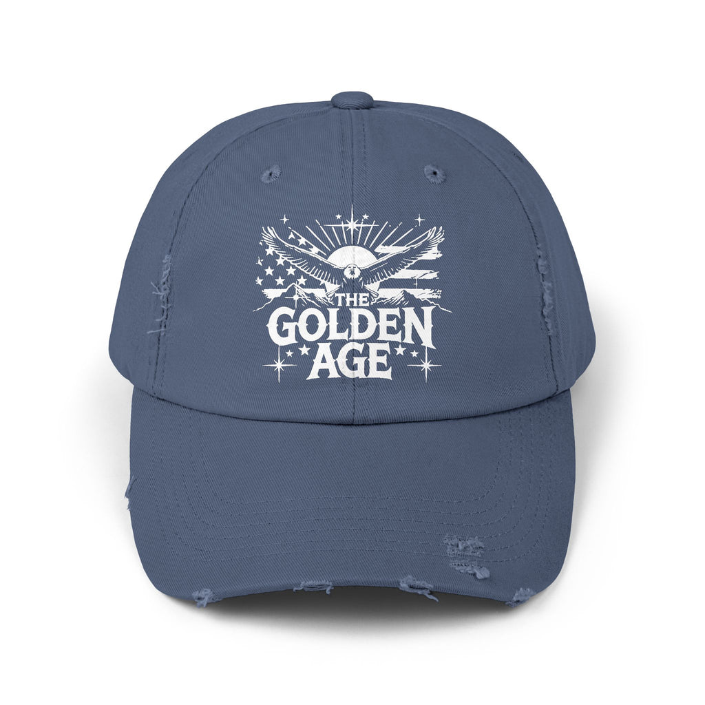 A blue distressed baseball cap with 'The Golden Age' printed on the front.