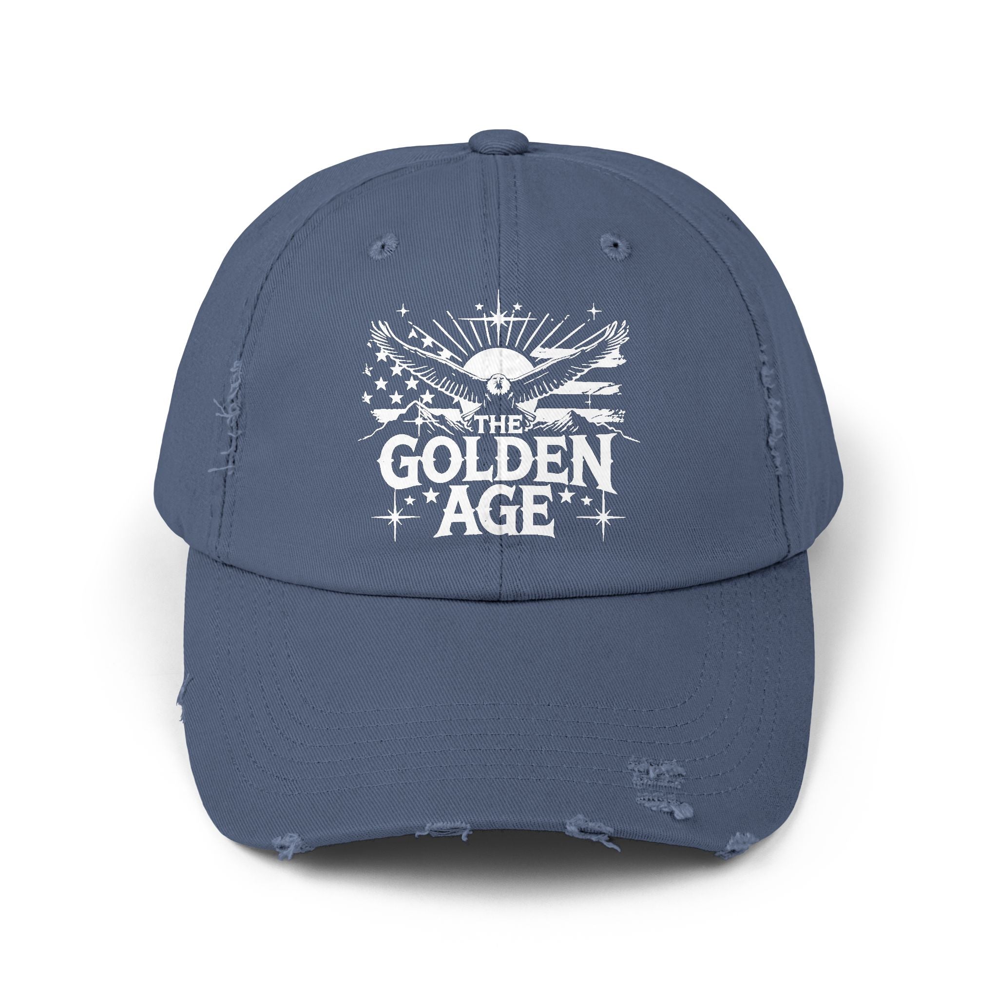 A blue distressed baseball cap with 'The Golden Age' printed on the front.