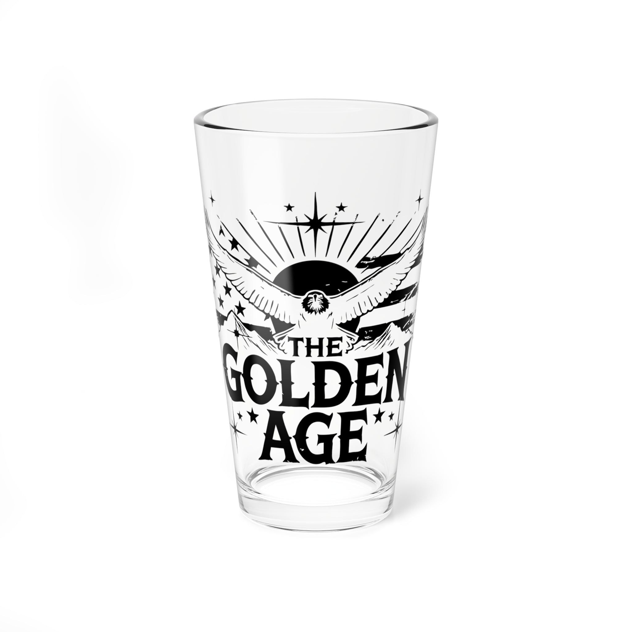 A clear 16oz mixing glass with black decorative graphics, including a sun and the text 'THE GOLDEN AGE'.