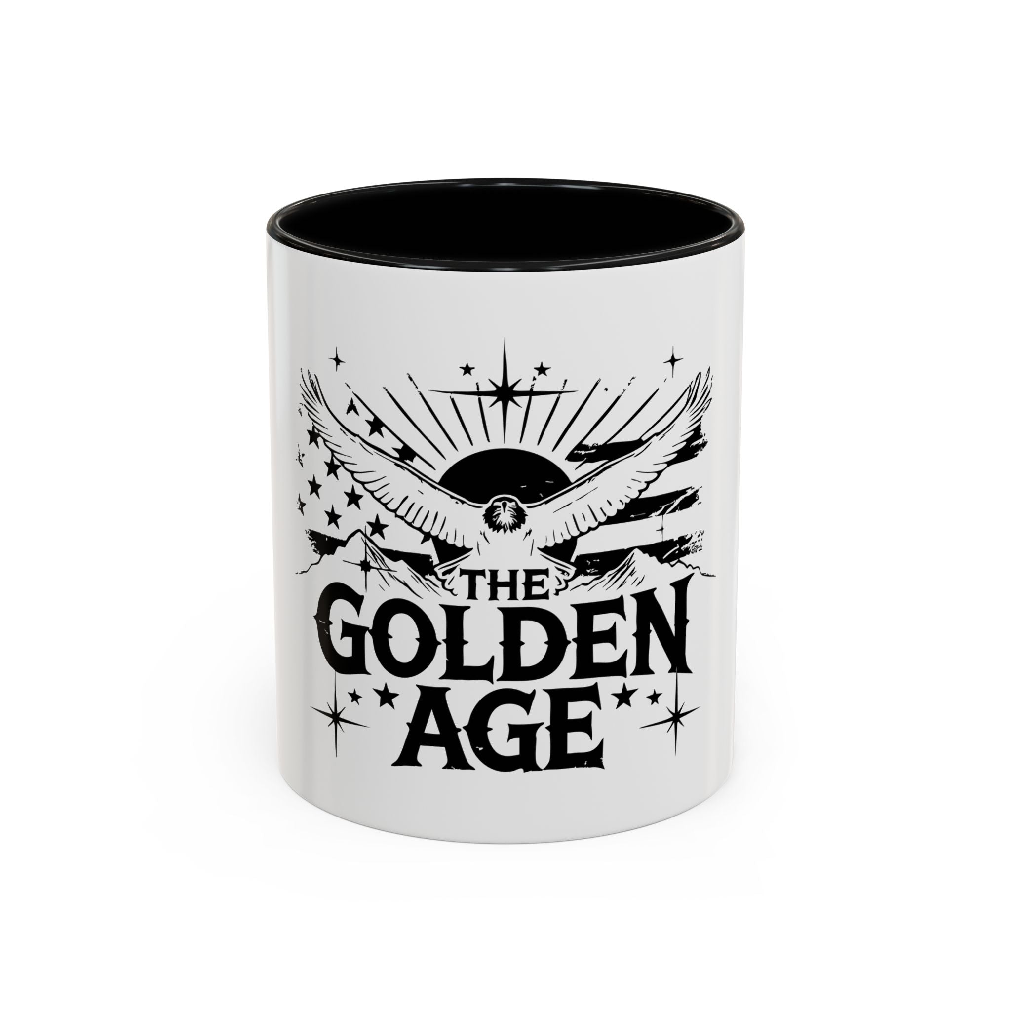 A ceramic coffee mug with a glossy finish, featuring black and white design elements and the text 'THE GOLDEN AGE' prominently displayed.