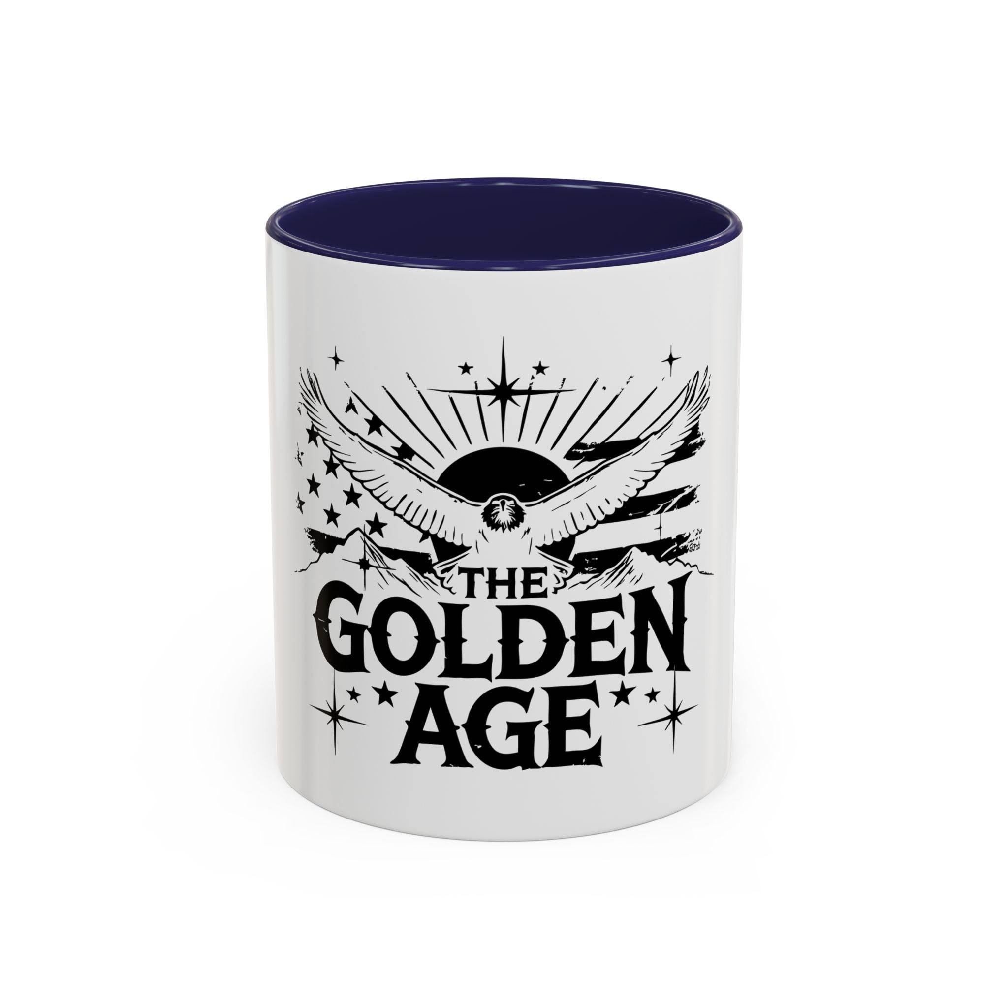 A ceramic coffee mug with a glossy finish, featuring black and white design elements and the text 'THE GOLDEN AGE' prominently displayed.