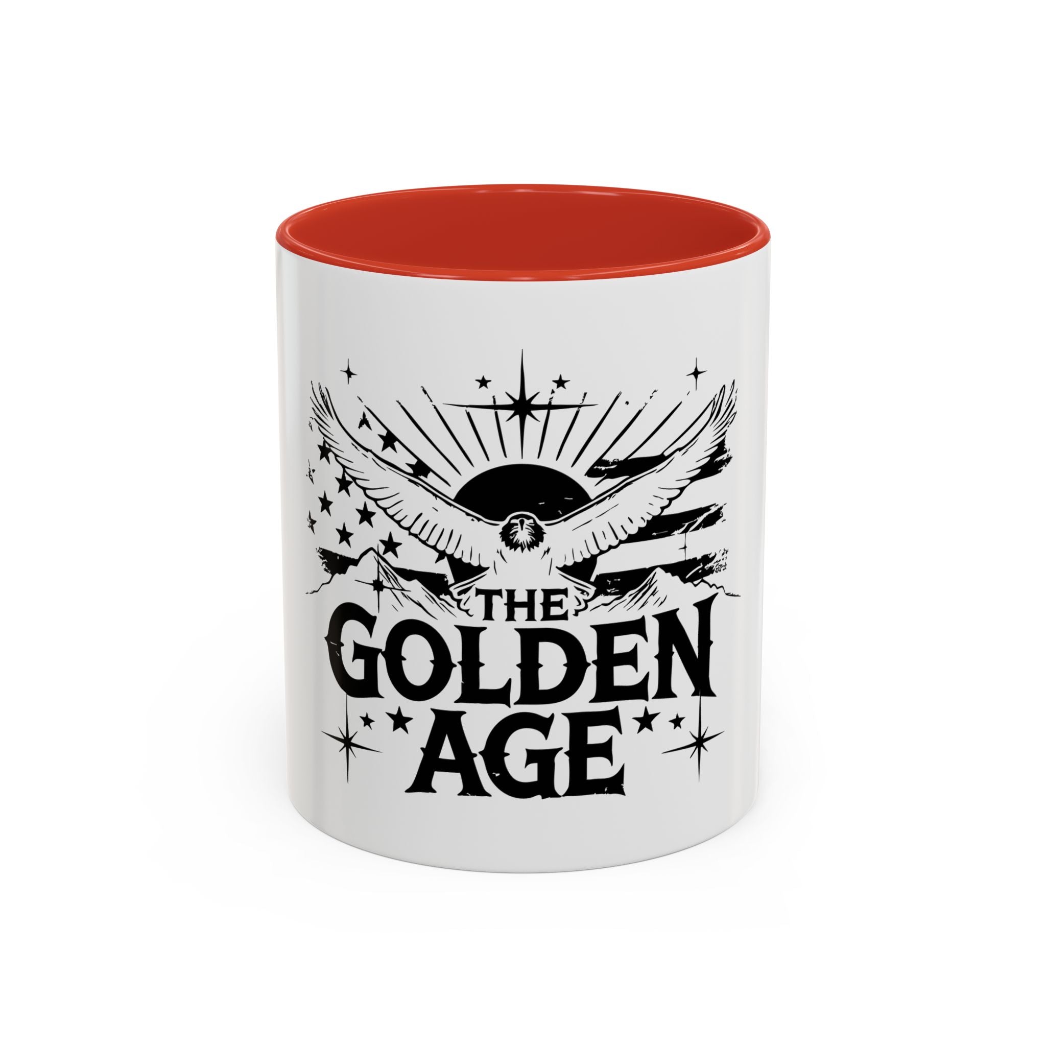 A ceramic coffee mug with a glossy finish, featuring black and white design elements and the text 'THE GOLDEN AGE' prominently displayed.