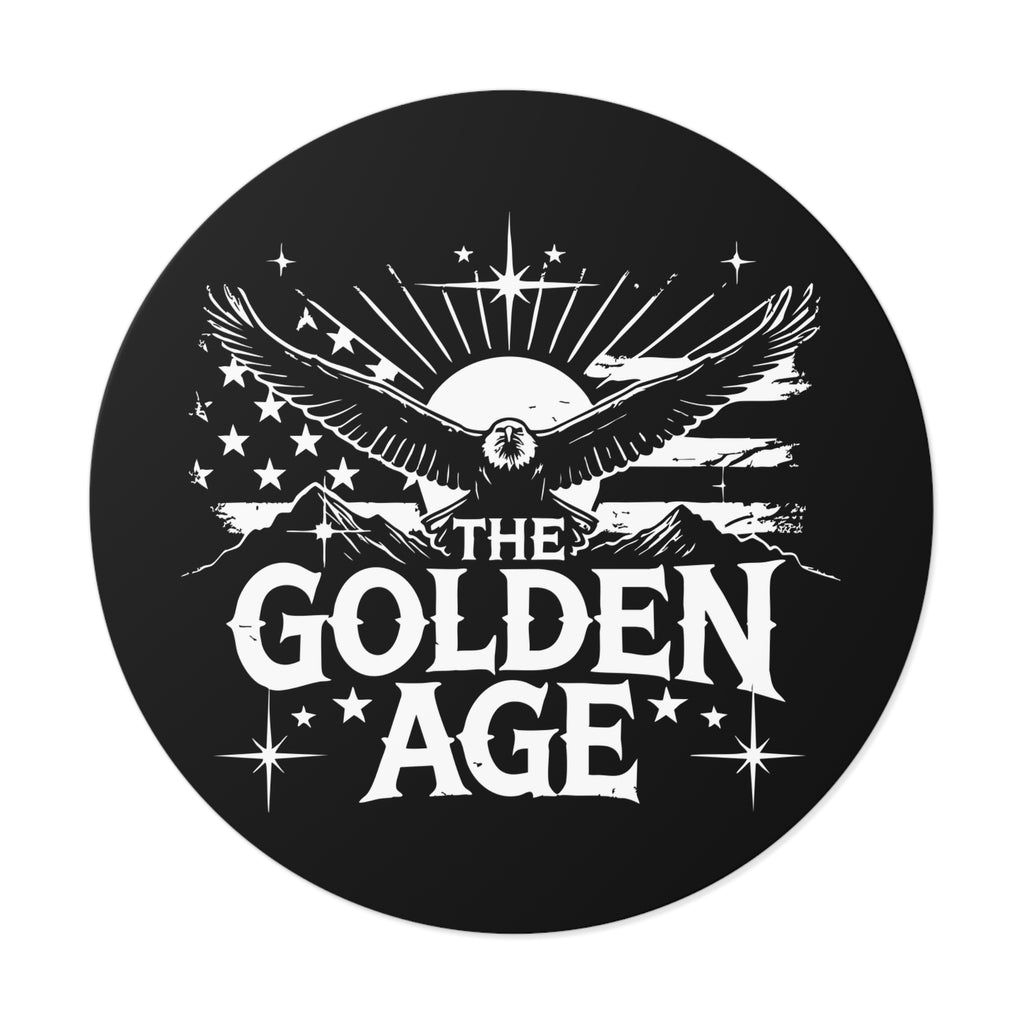 A round vinyl sticker with a bold eagle design and the text 'THE GOLDEN AGE' prominently displayed against a black background.