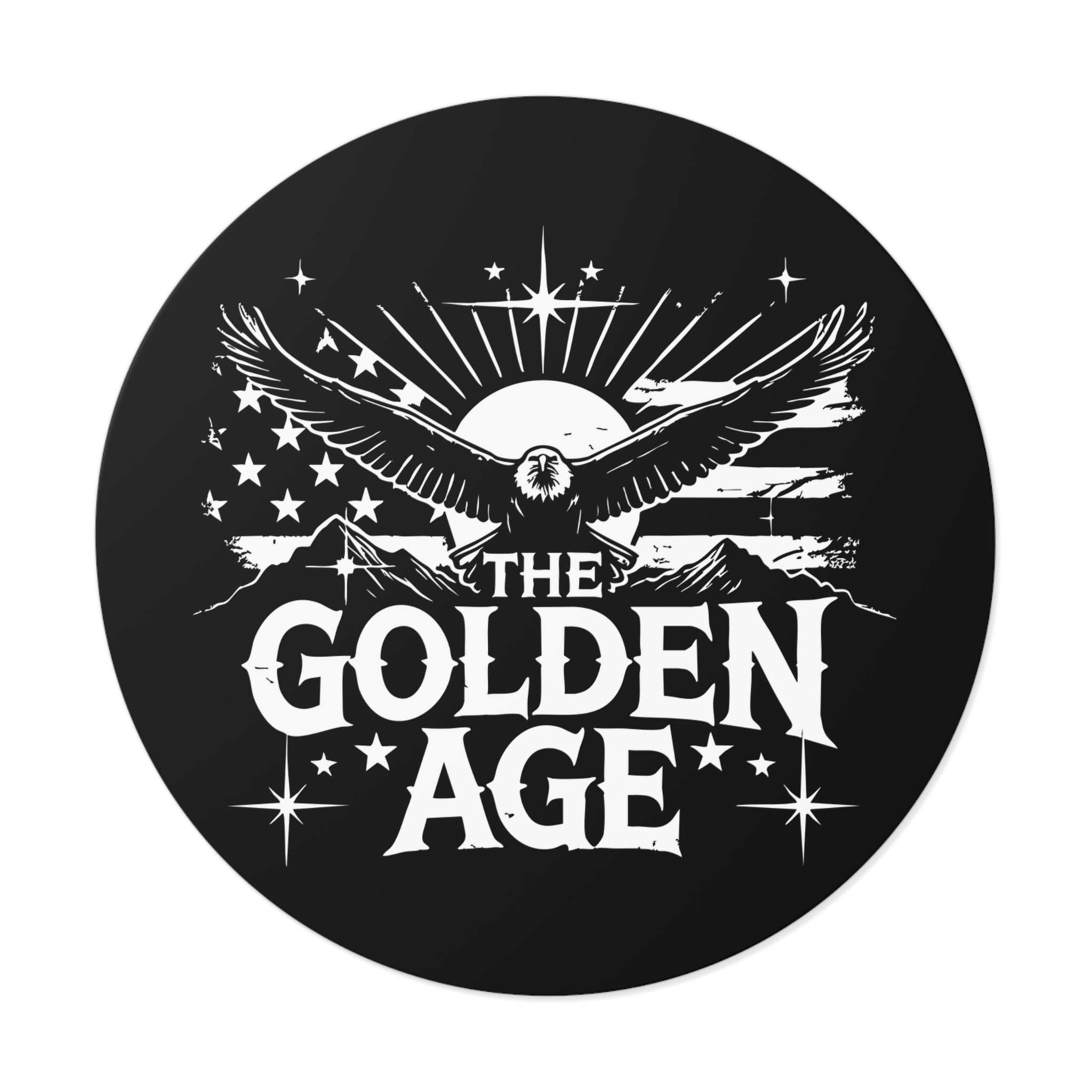 A round vinyl sticker with a bold eagle design and the text 'THE GOLDEN AGE' prominently displayed against a black background.