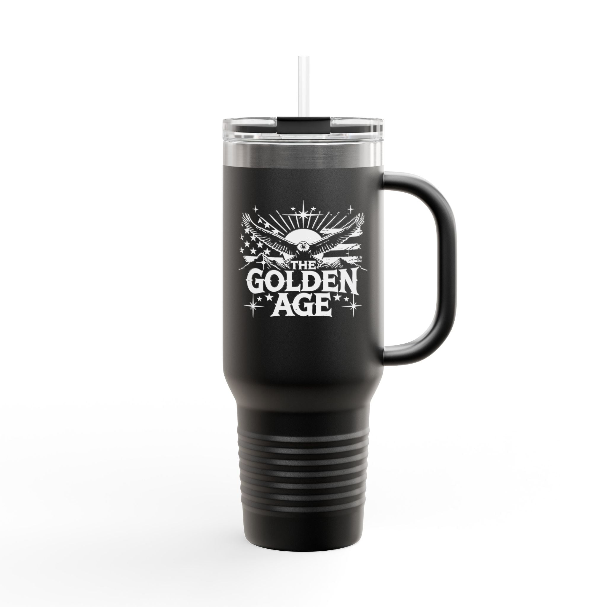 A black insulated travel mug with 'The Golden Age' printed on the side.