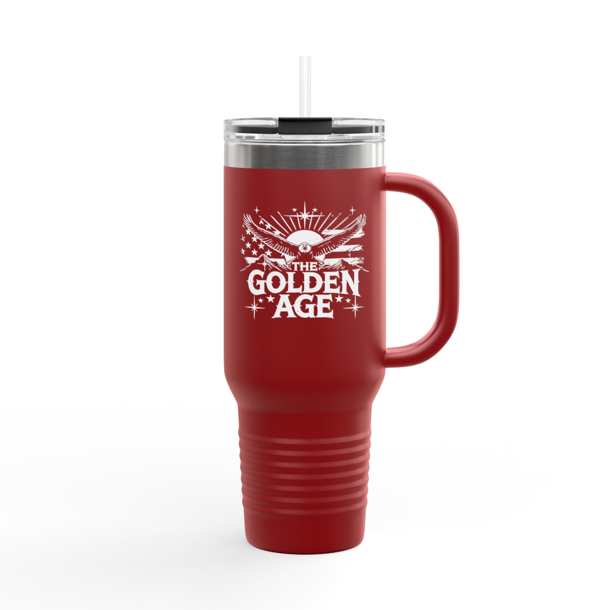 A red insulated travel mug with a handle and a straw hole on the lid, featuring white graphic text and design.
