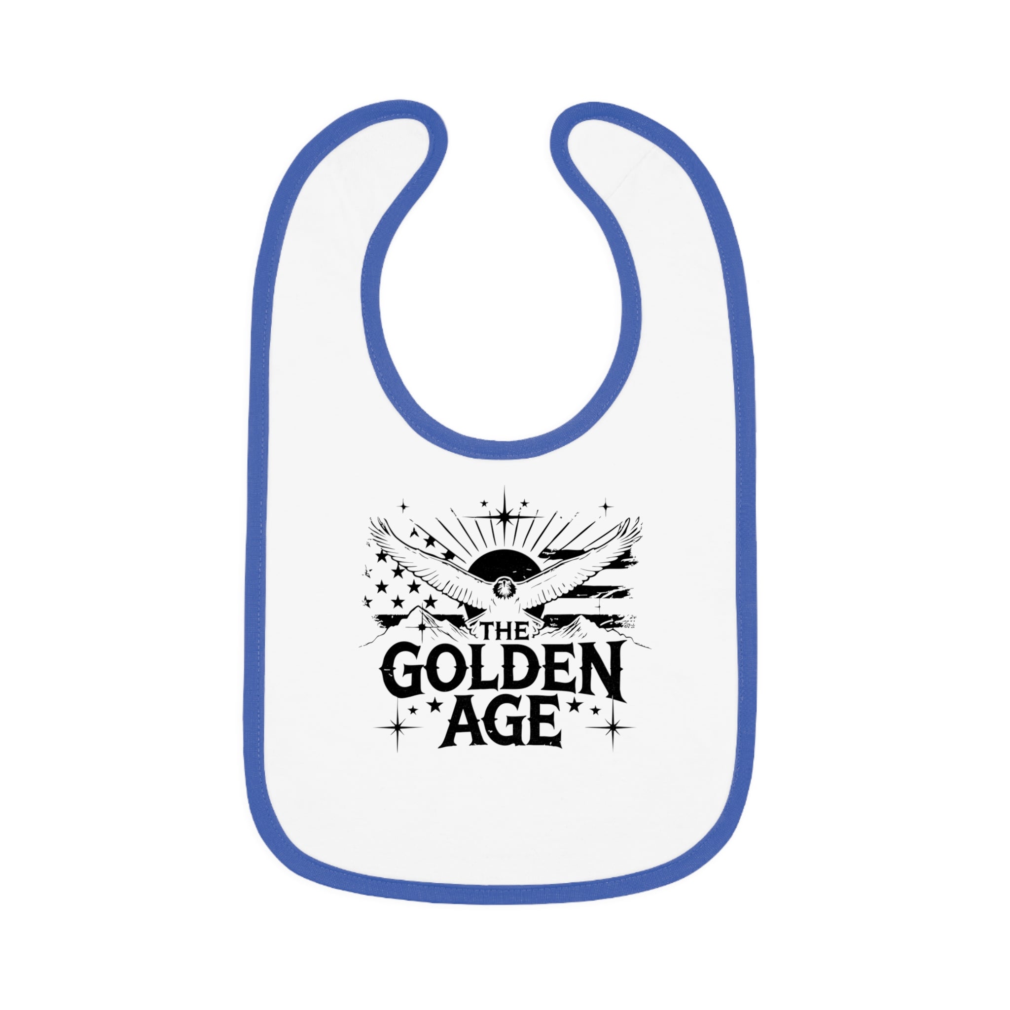 A white baby bib with red contrast trim and a graphic print in the center that reads 'THE GOLDEN AGE' with a decorative design.