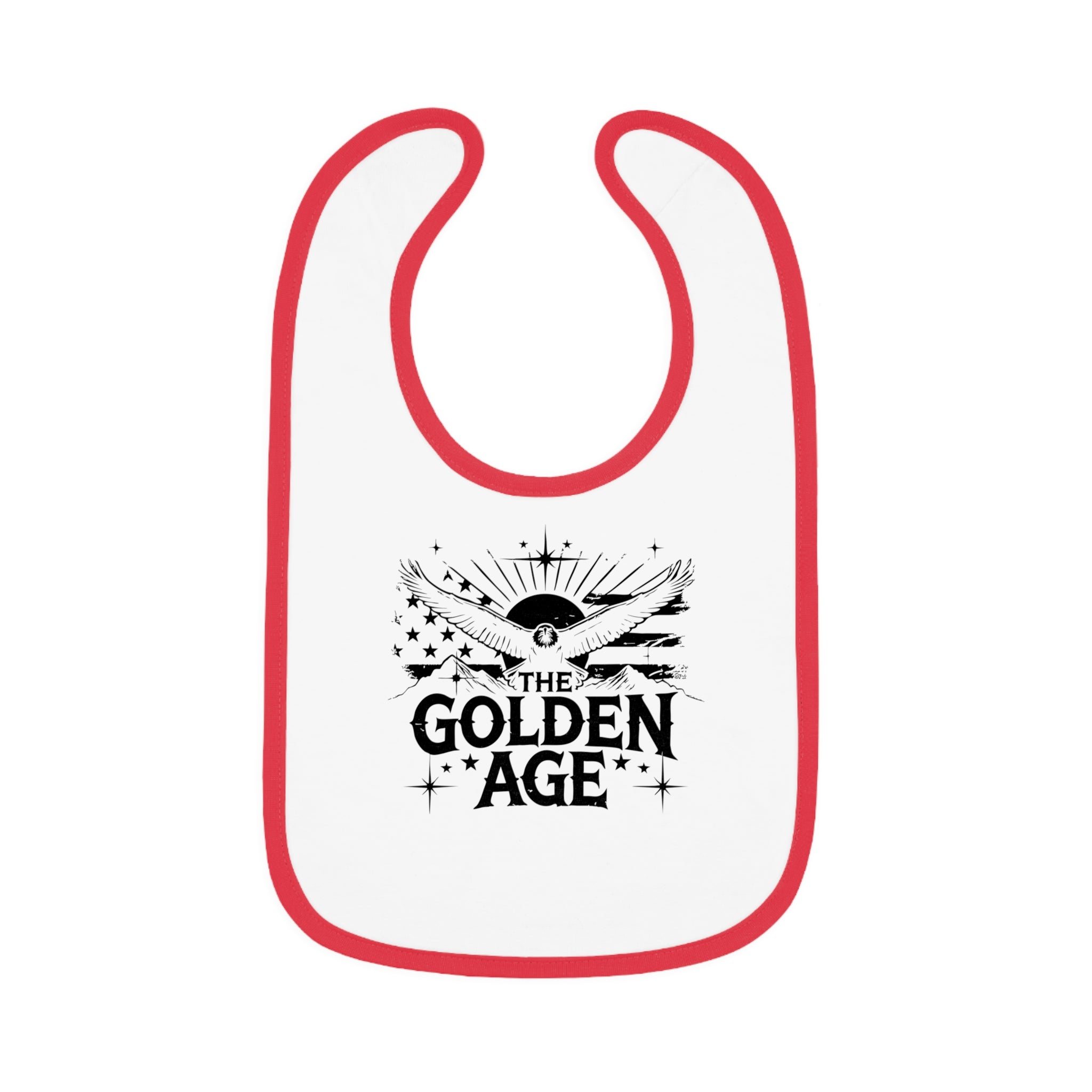 A white baby bib with red contrast trim and a graphic print in the center that reads 'THE GOLDEN AGE' with a decorative design.