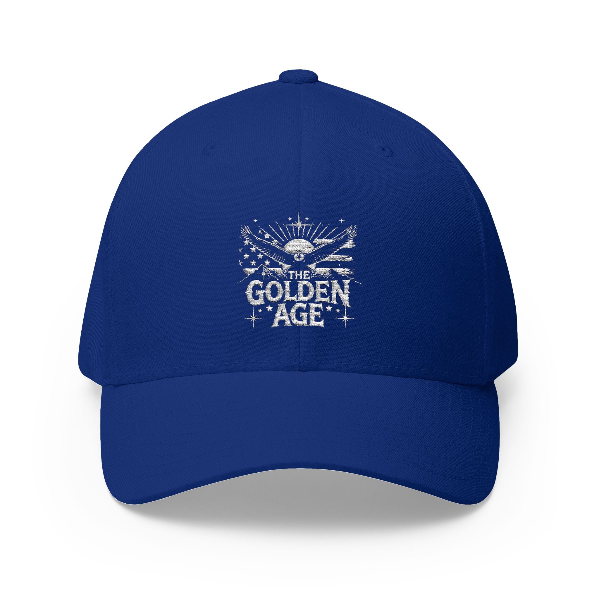 6 panel BASEBALL HAT with text "THE GOLDEN AGE" bald eagle and American flag #American #MadeinAmerica #MadeinUSA #USA #USApride #America  #americanmade #americanmadeproduct #americanmadeproducts #productsmadeinAmerica #USAmade #productmadeinUSA #productsmadeinUSA #Americanflag #USAflag