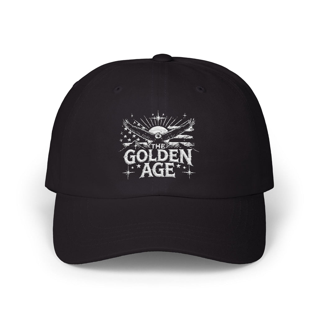 6 panel classic dad hat "THE GODLEN AGE" with American flag, bald eagle, mountains #American #MadeinAmerica #MadeinUSA #USA #USApride #America  #americanmade #americanmadeproduct #americanmadeproducts #productsmadeinAmerica #USAmade #productmadeinUSA #productsmadeinUSA #Americanflag #USAflag